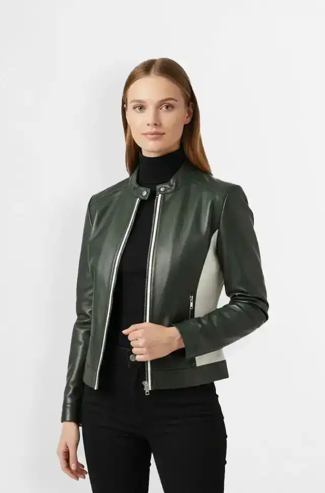 Dark Green Leather Bomber Jacket for Women