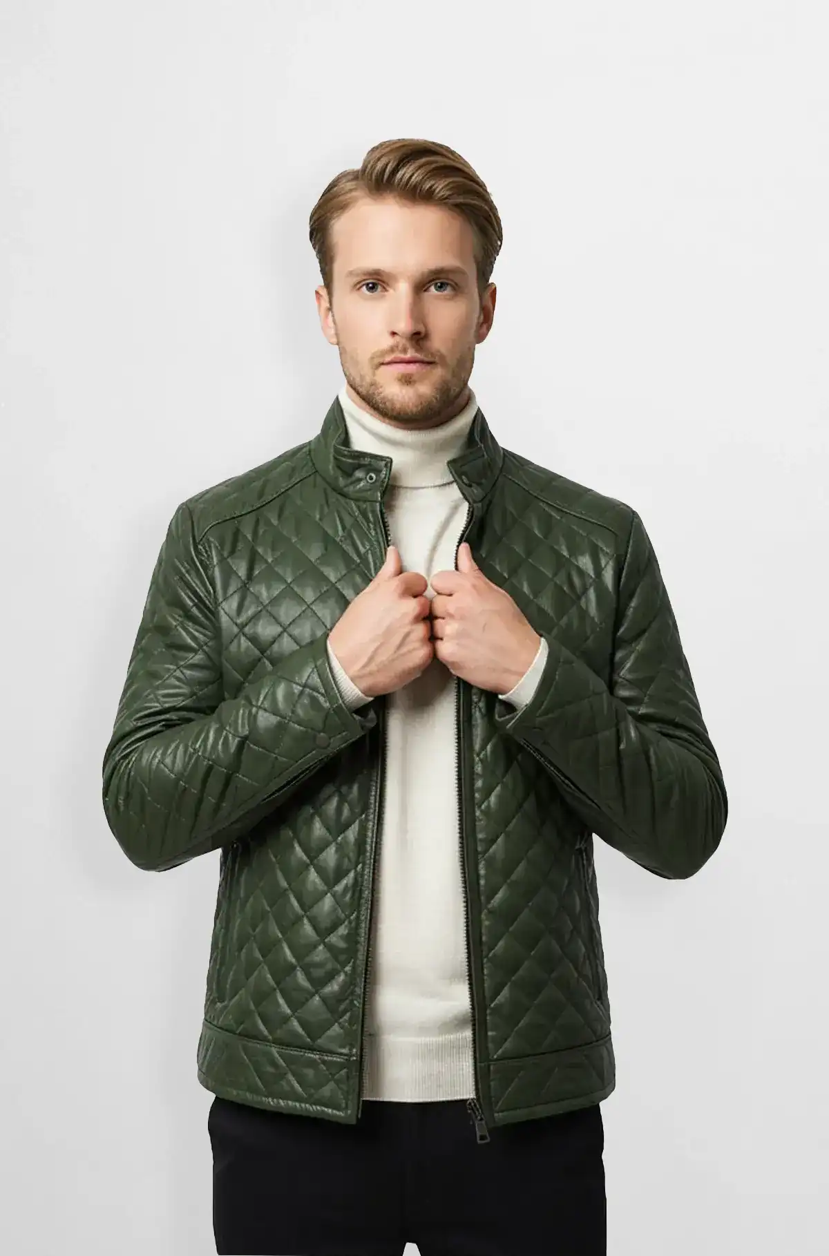 Dark Olive Green Quilted Leather Jacket