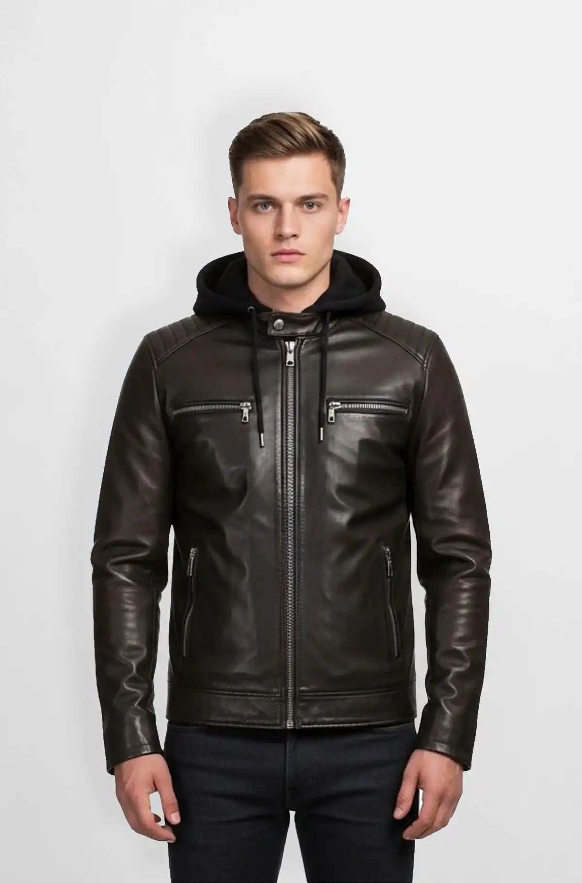 Deep Brown Leather Jacket with Hood