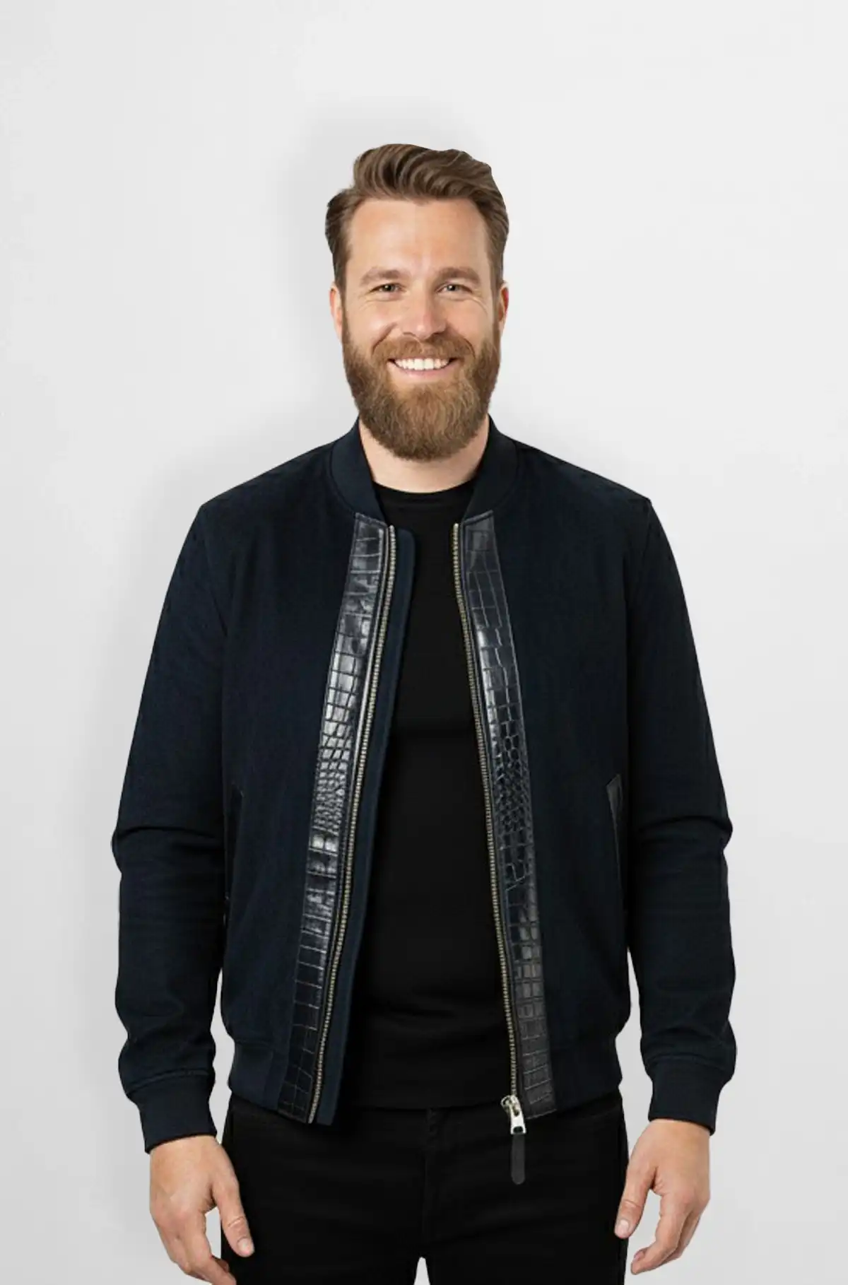 Deep Navy Black Crocodile Panel Bomber Jacket