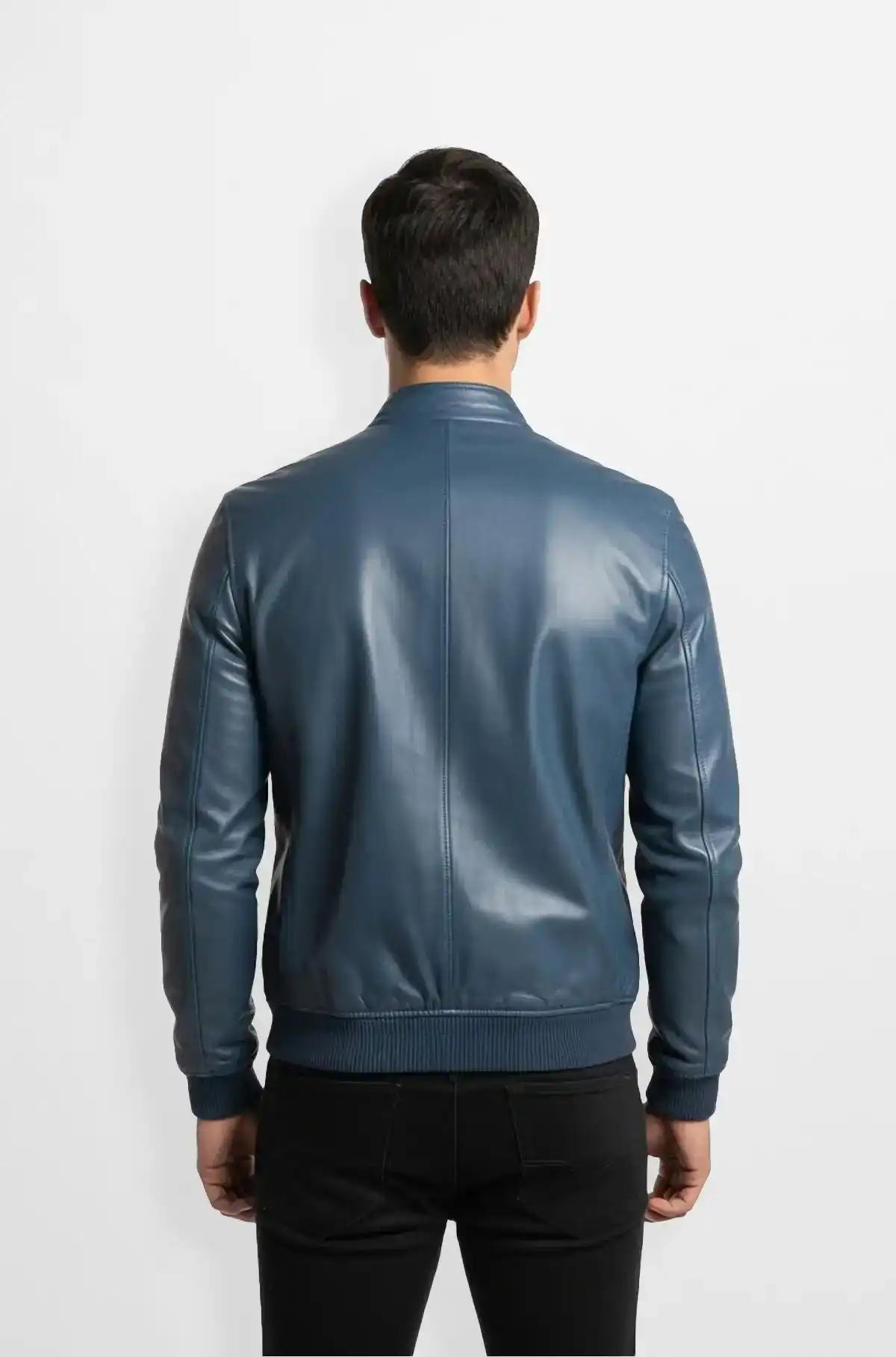 Deep Navy Blue Leather Bomber Jacket Slim Fit