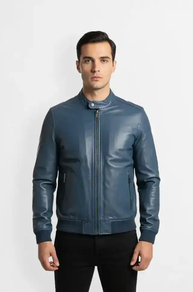 Deep Navy Blue Leather Bomber Jacket Slim Fit