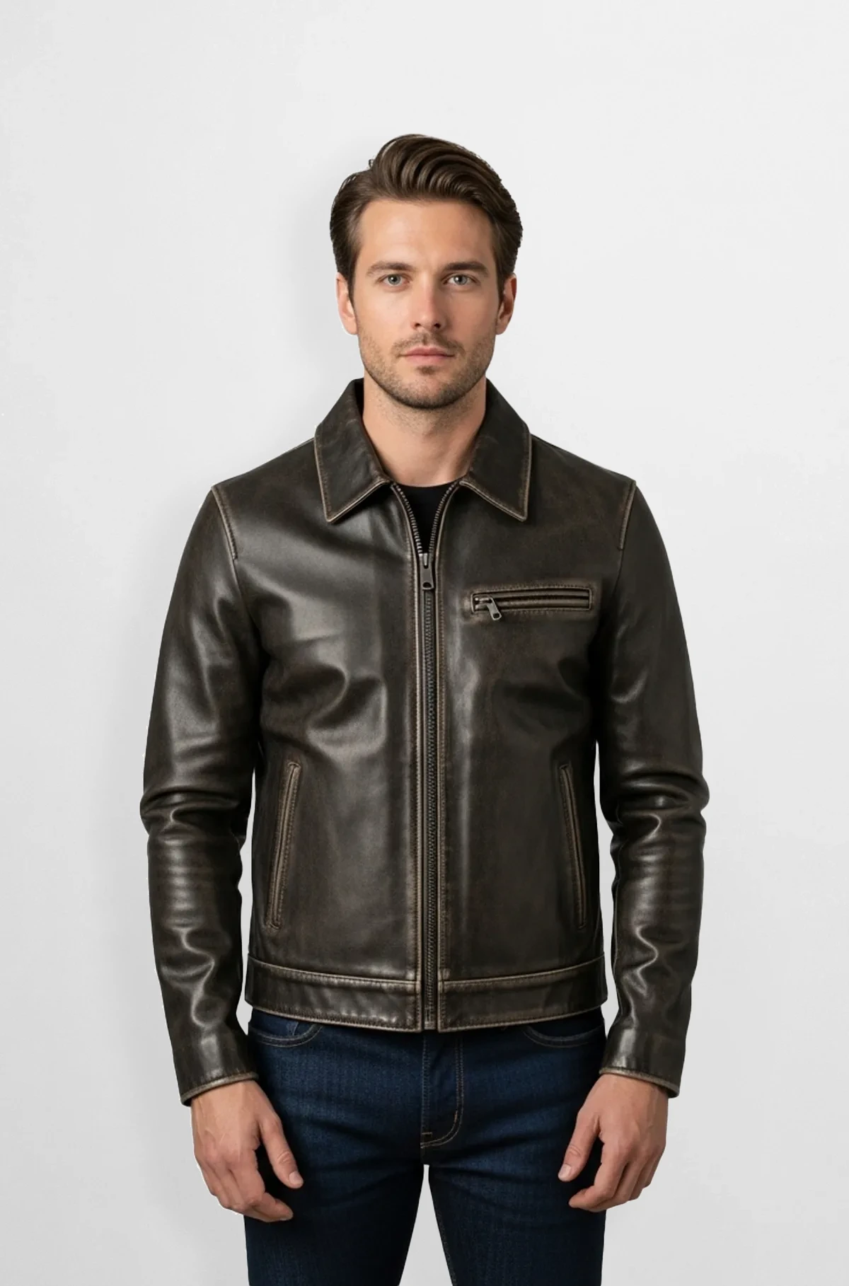 Distressed Dark Brown Leather Racer Jacket