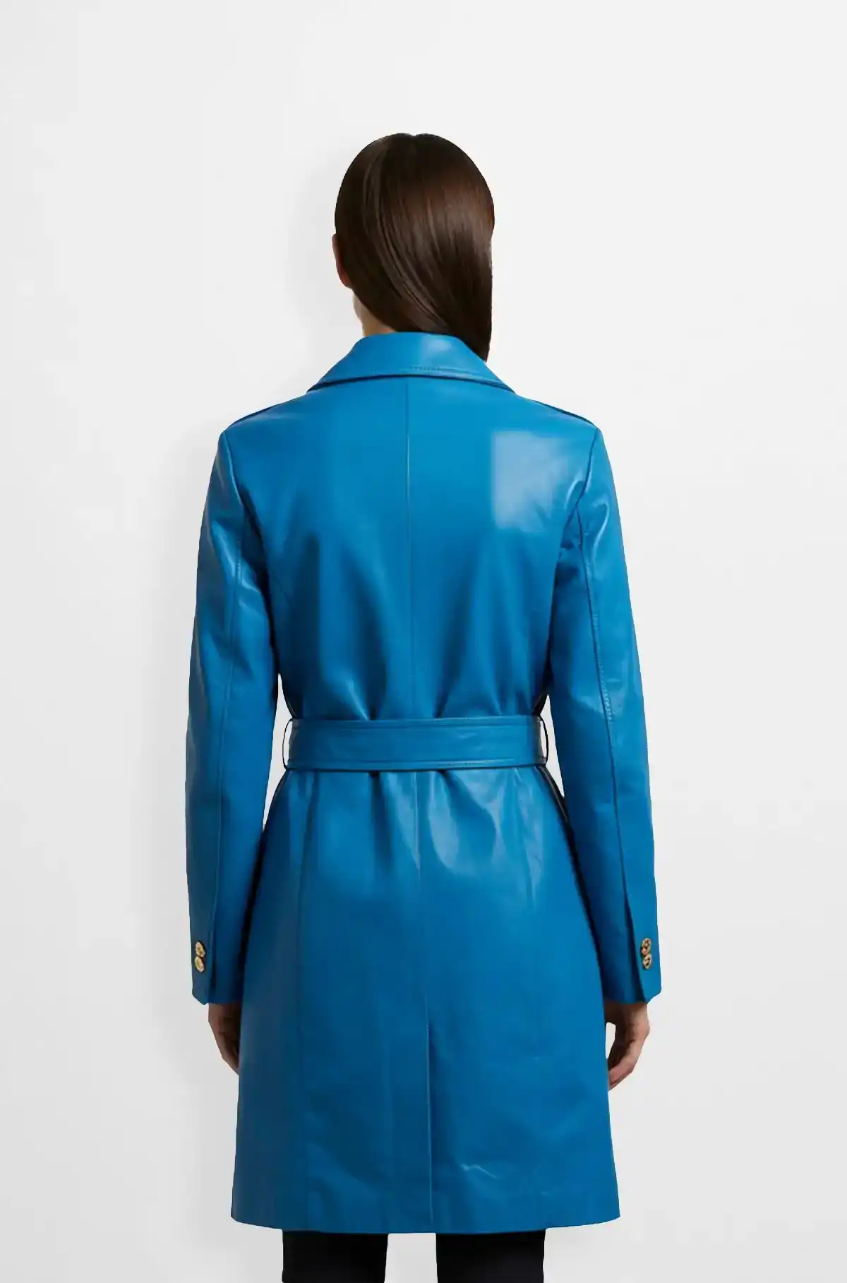 Double Breasted Sky Blue Leather Trench Coat