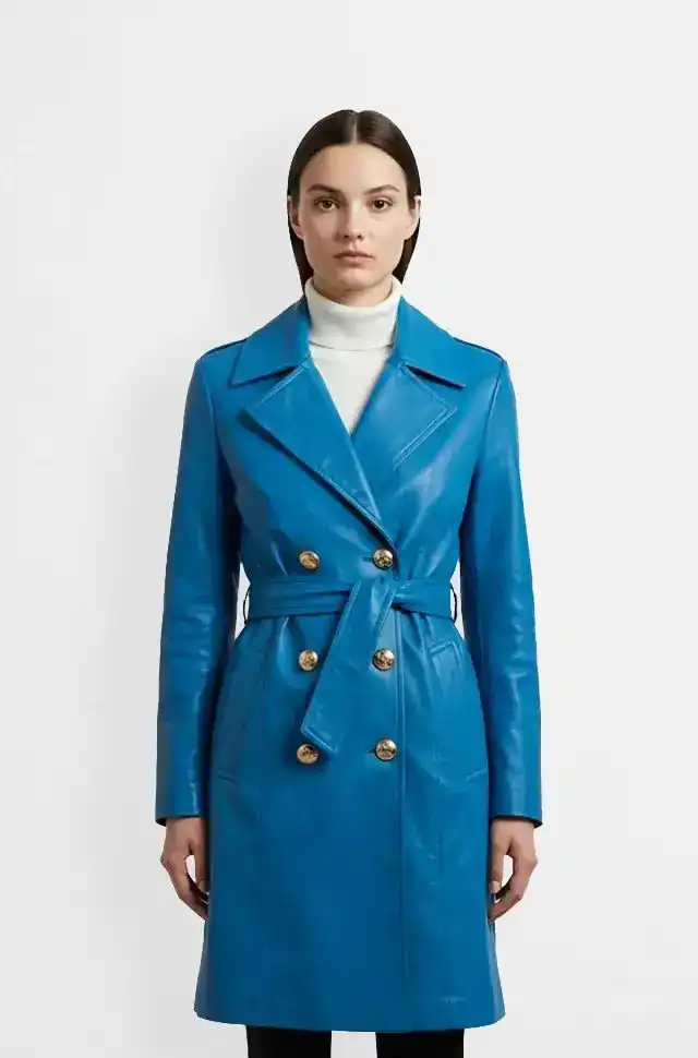 Double Breasted Sky Blue Leather Trench Coat
