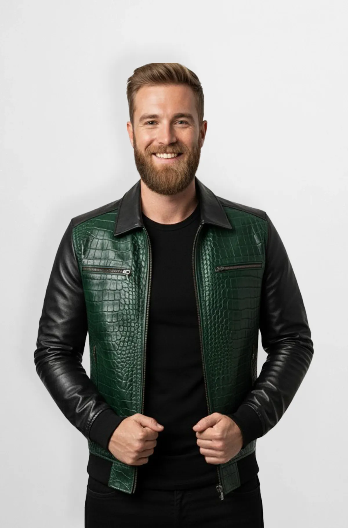 Emerald Croc Black Sleeve Leather Jacket