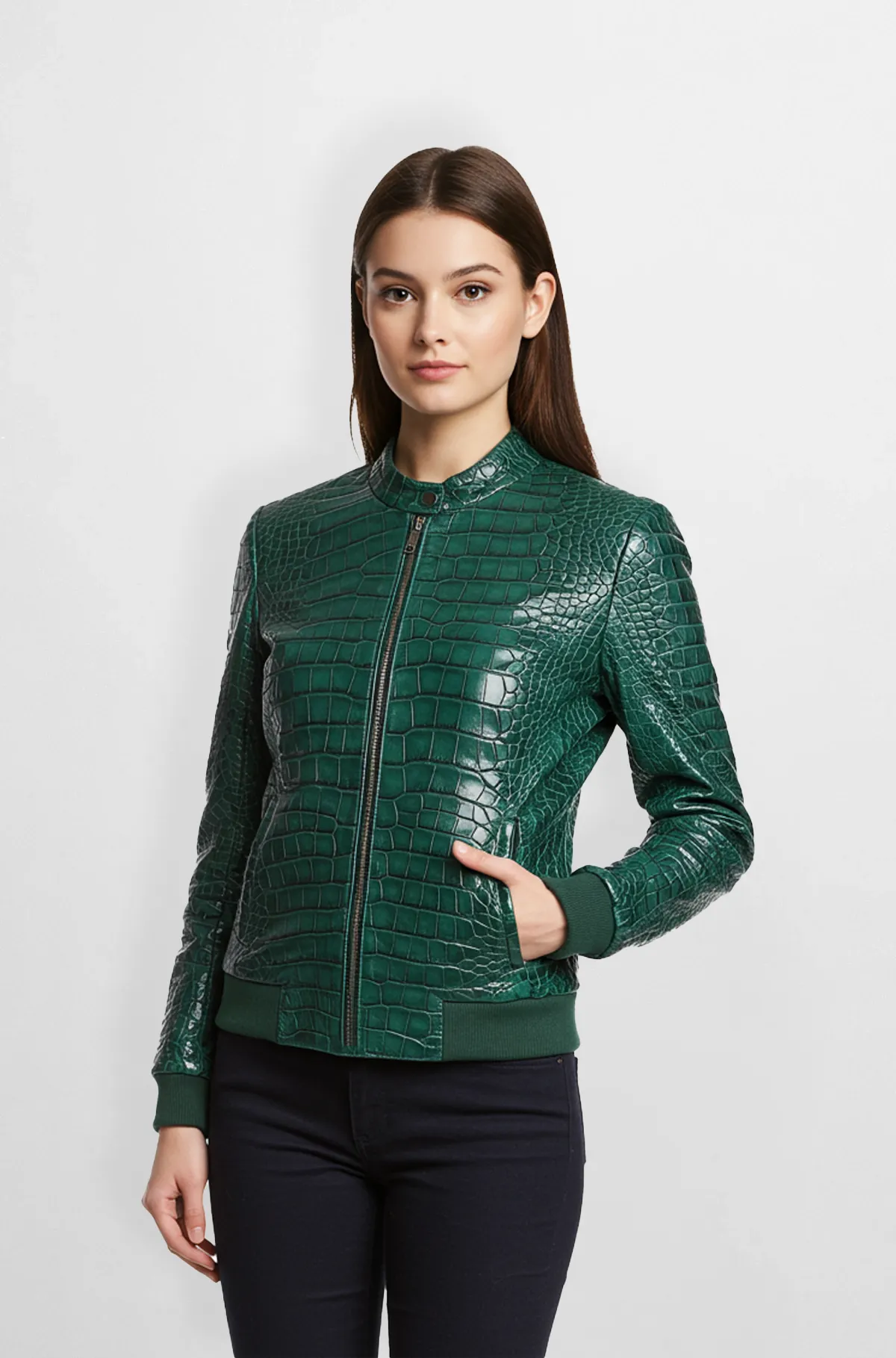 Emerald Green Crocodile Genuine Leather Bomber Jacket