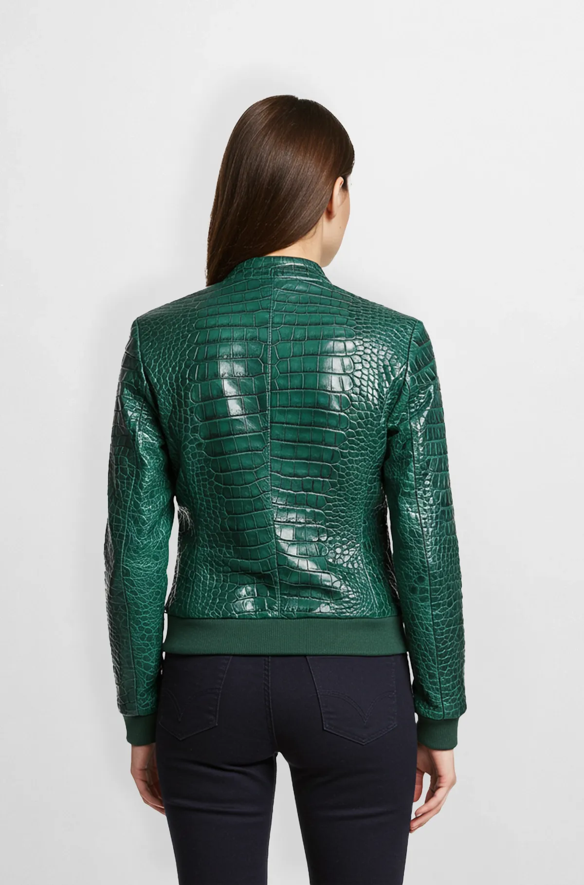 Emerald Green Crocodile Genuine Leather Bomber Jacket