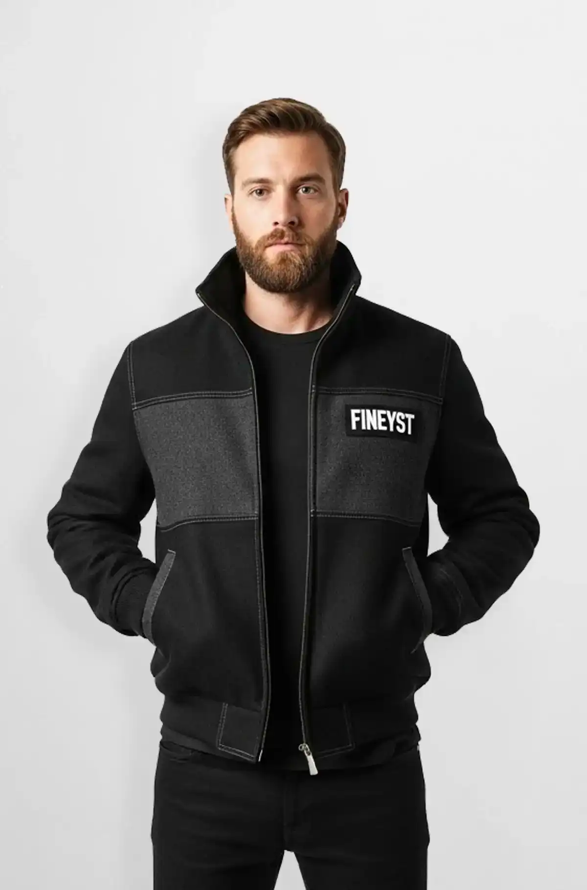 Fineyst Black Panelled Wool Bomber Jacket