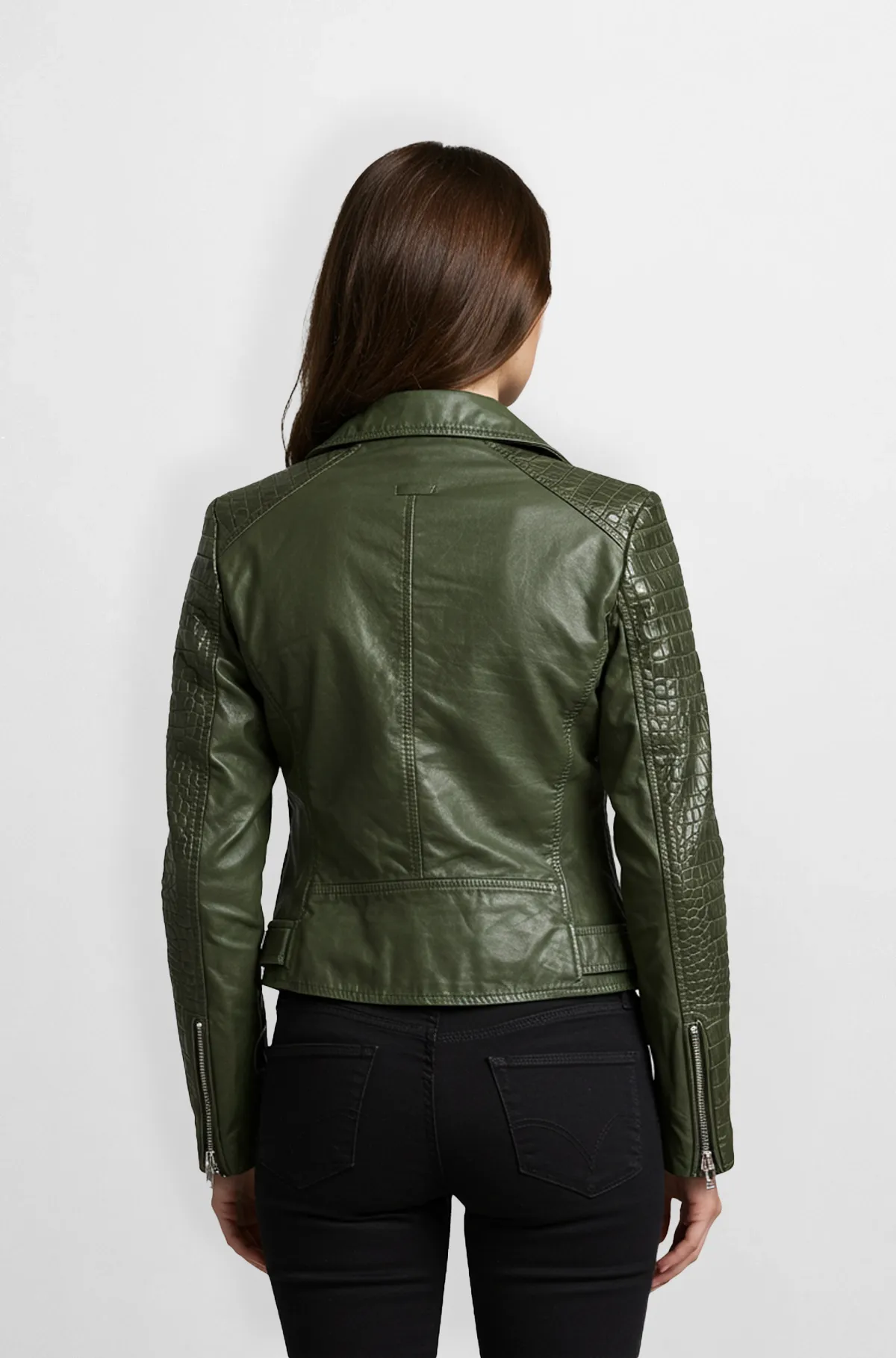 Forest Green Crocodile Sleeves Moto Leather Jacket