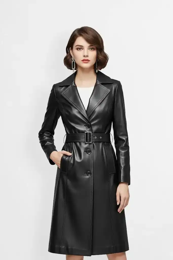 Women Genuine Black Leather Trench Coat