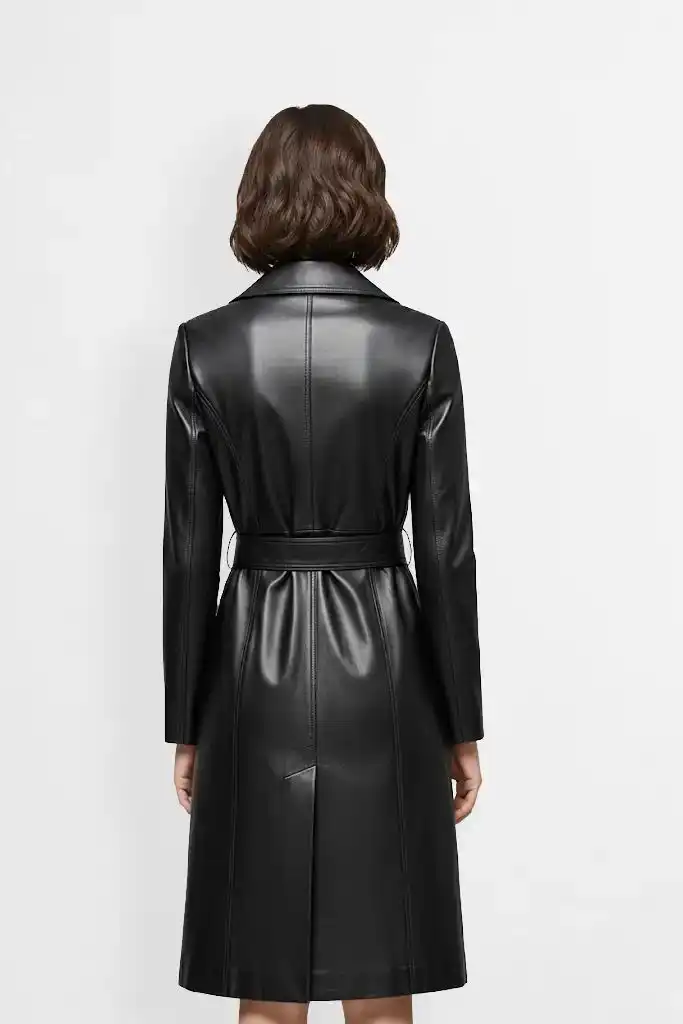 Women Genuine Black Leather Trench Coat