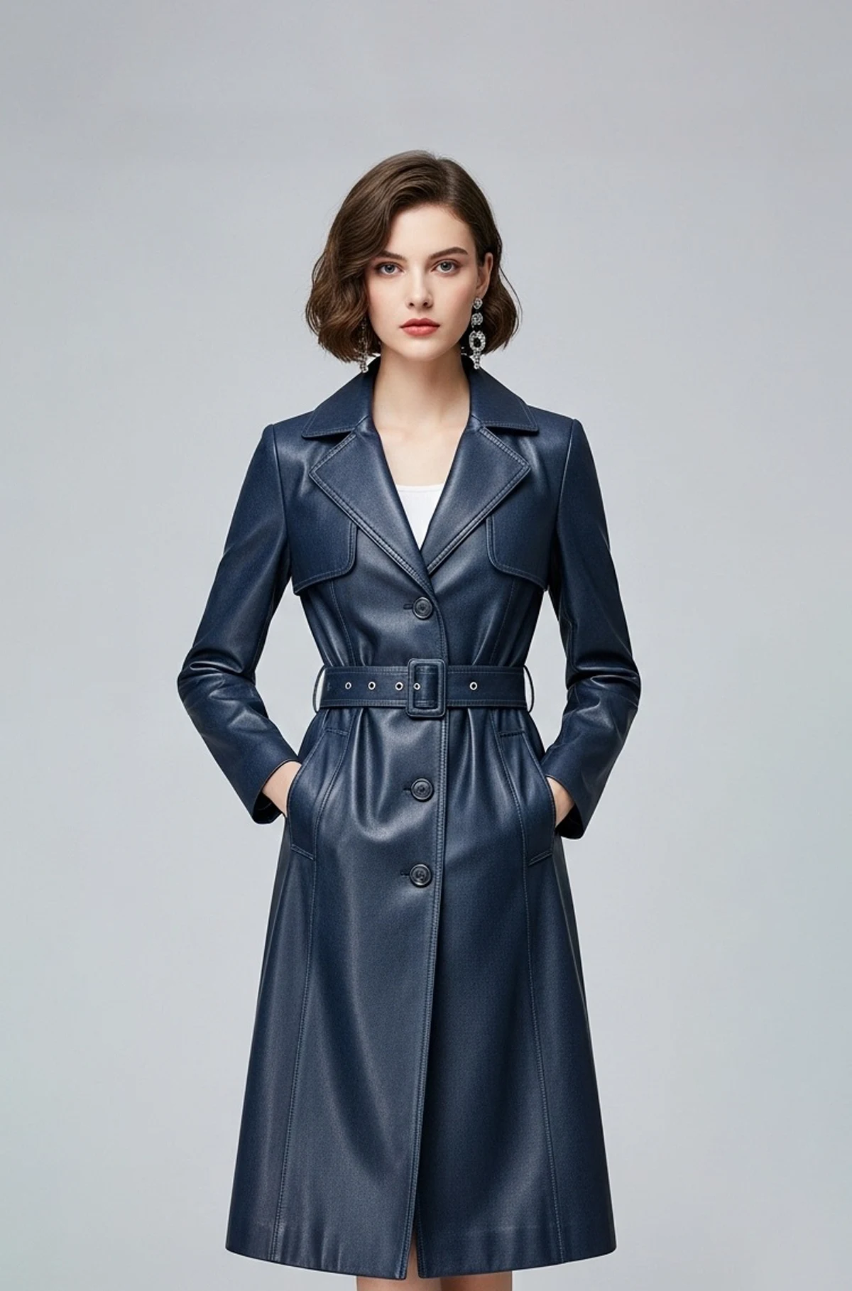 Genuine Dark Navy Leather Trench Coat