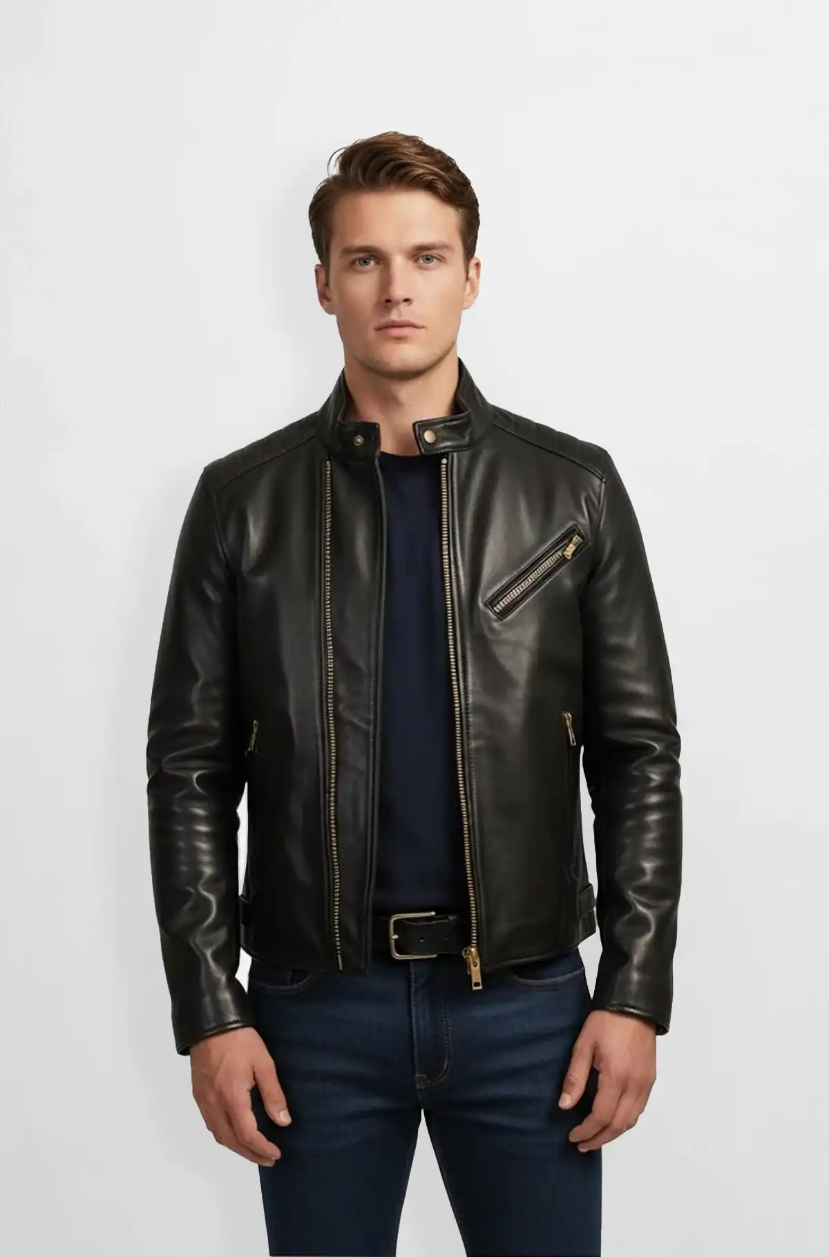 Gold Zippers Black Leather Biker Jacket Gold Zippers Black Leather Biker Jacket