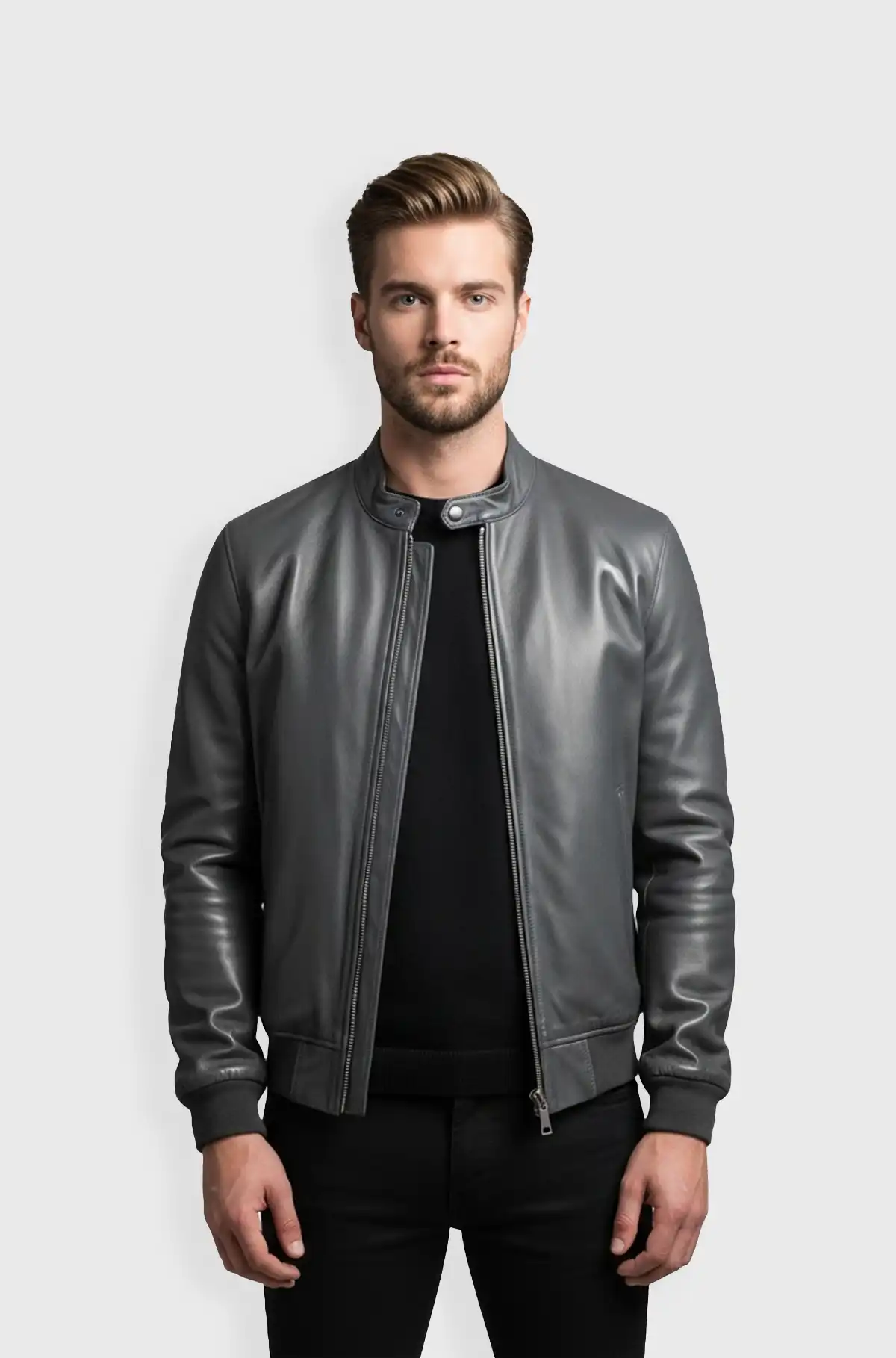 Graphite Grey Leather Bomber Jacket