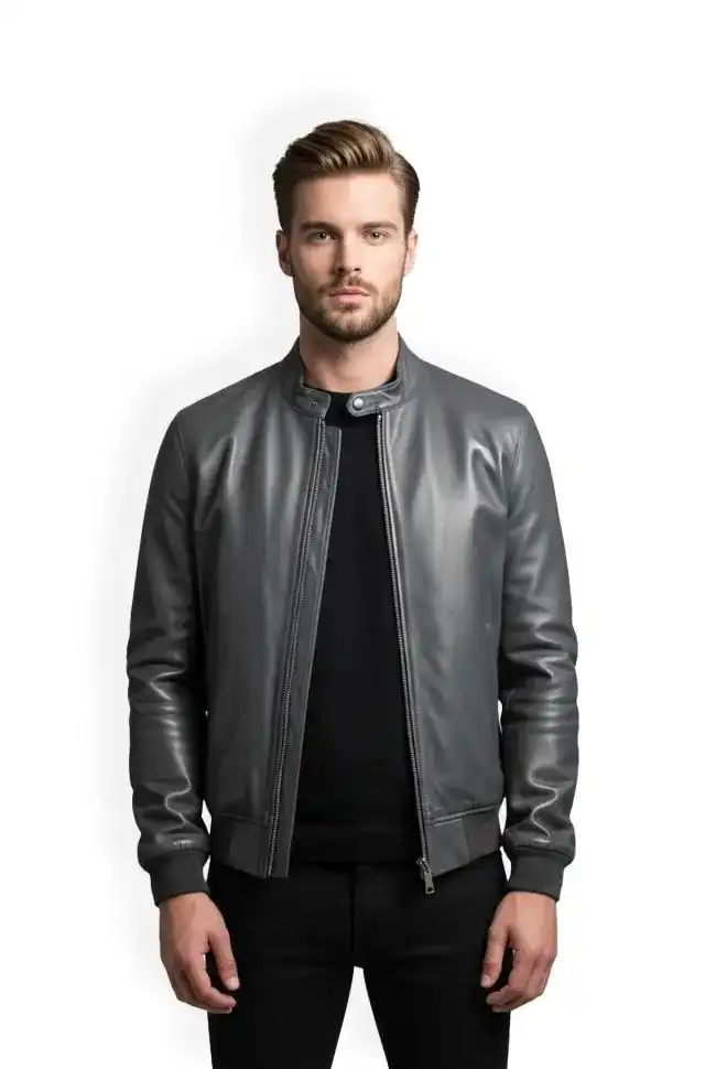 Graphite Grey Leather Bomber Jacket