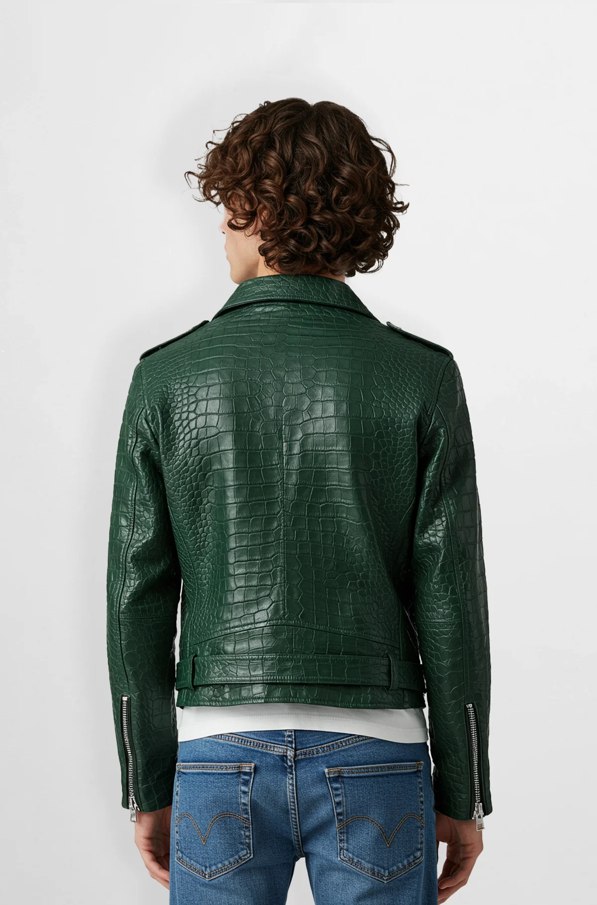 Green Croc-Embossed Leather Biker Jacket