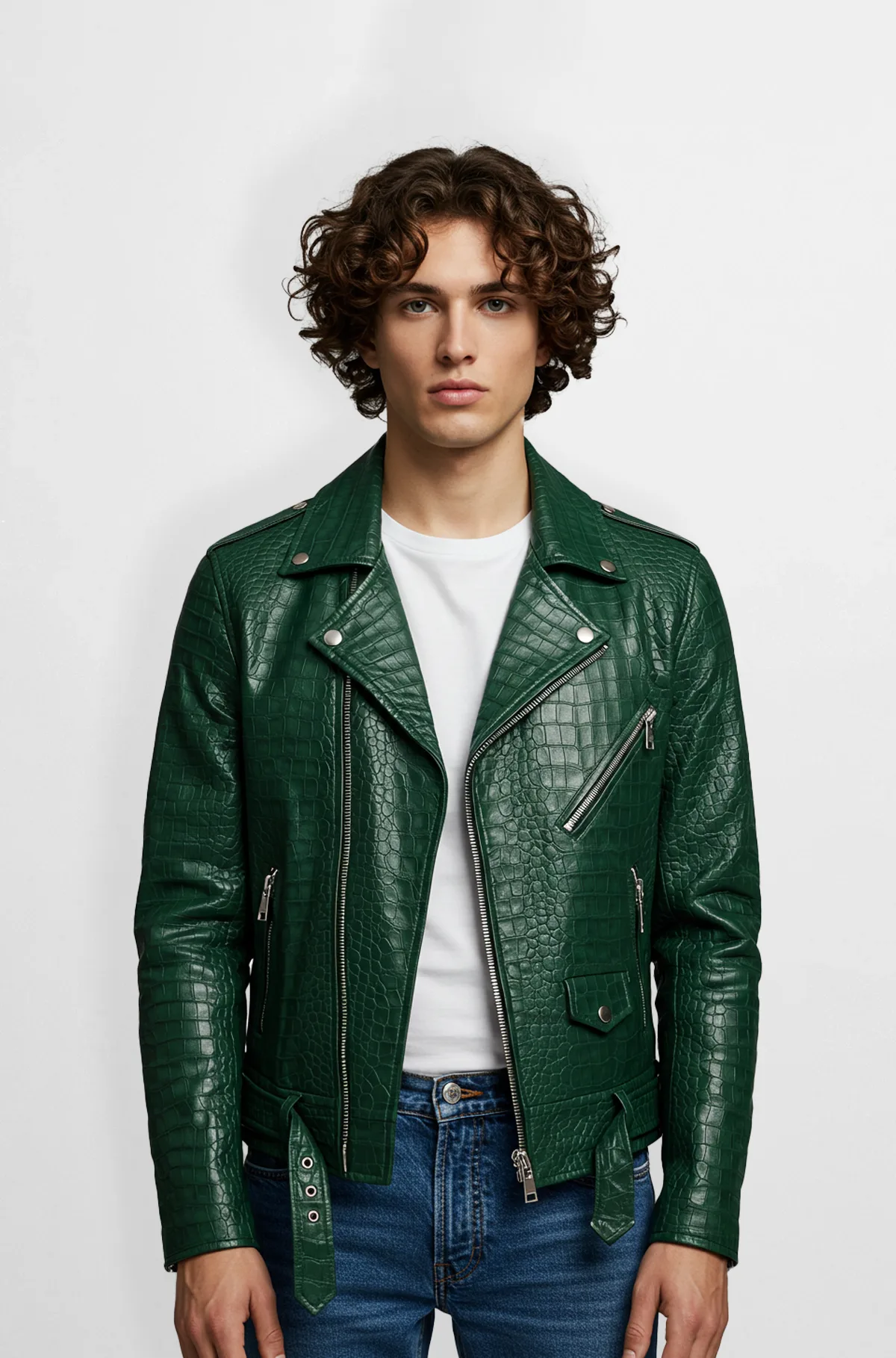 Green Croc-Embossed Leather Biker Jacket