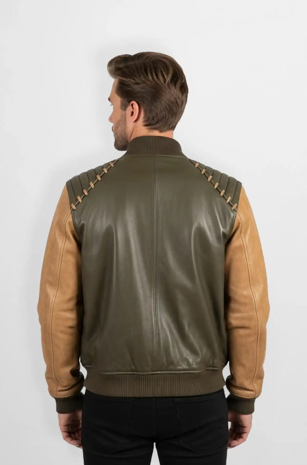 Green and Tan Leather Bomber Jacket Green and Tan Leather Bomber Jacket