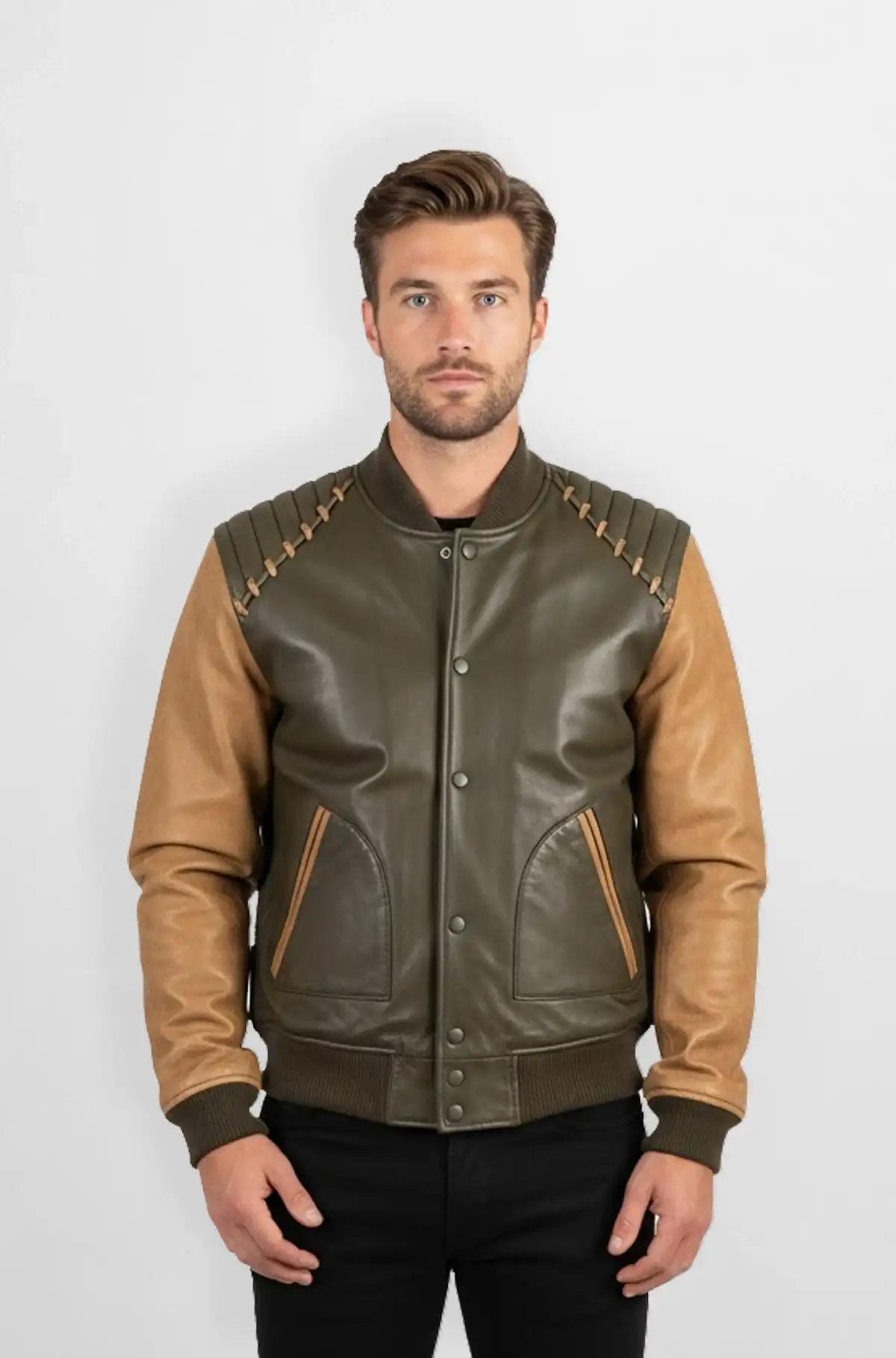 Green and Tan Leather Bomber Jacket Green and Tan Leather Bomber Jacket