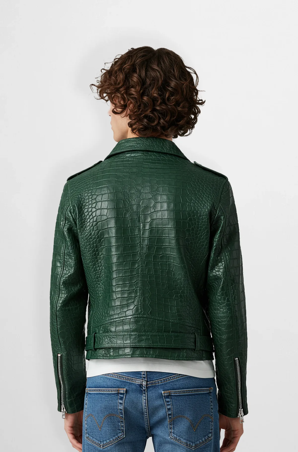 Green crocodile leather biker jacket for mens