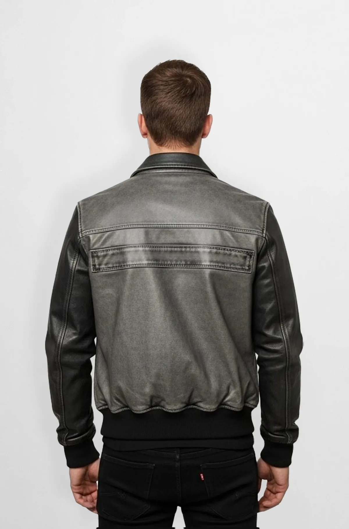 Grey And Black Leather Aviator Jacket