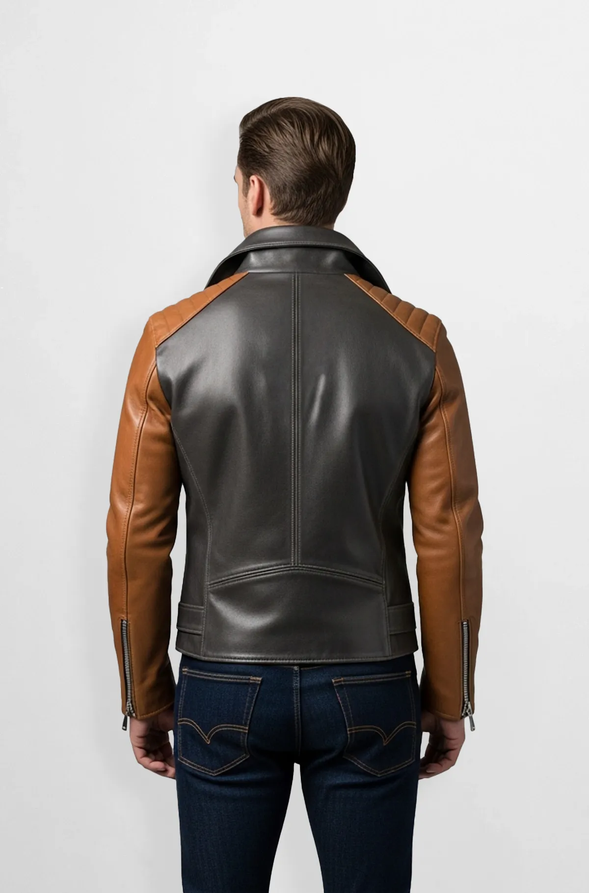 Grey & Cognac Brown Leather Biker Jacket