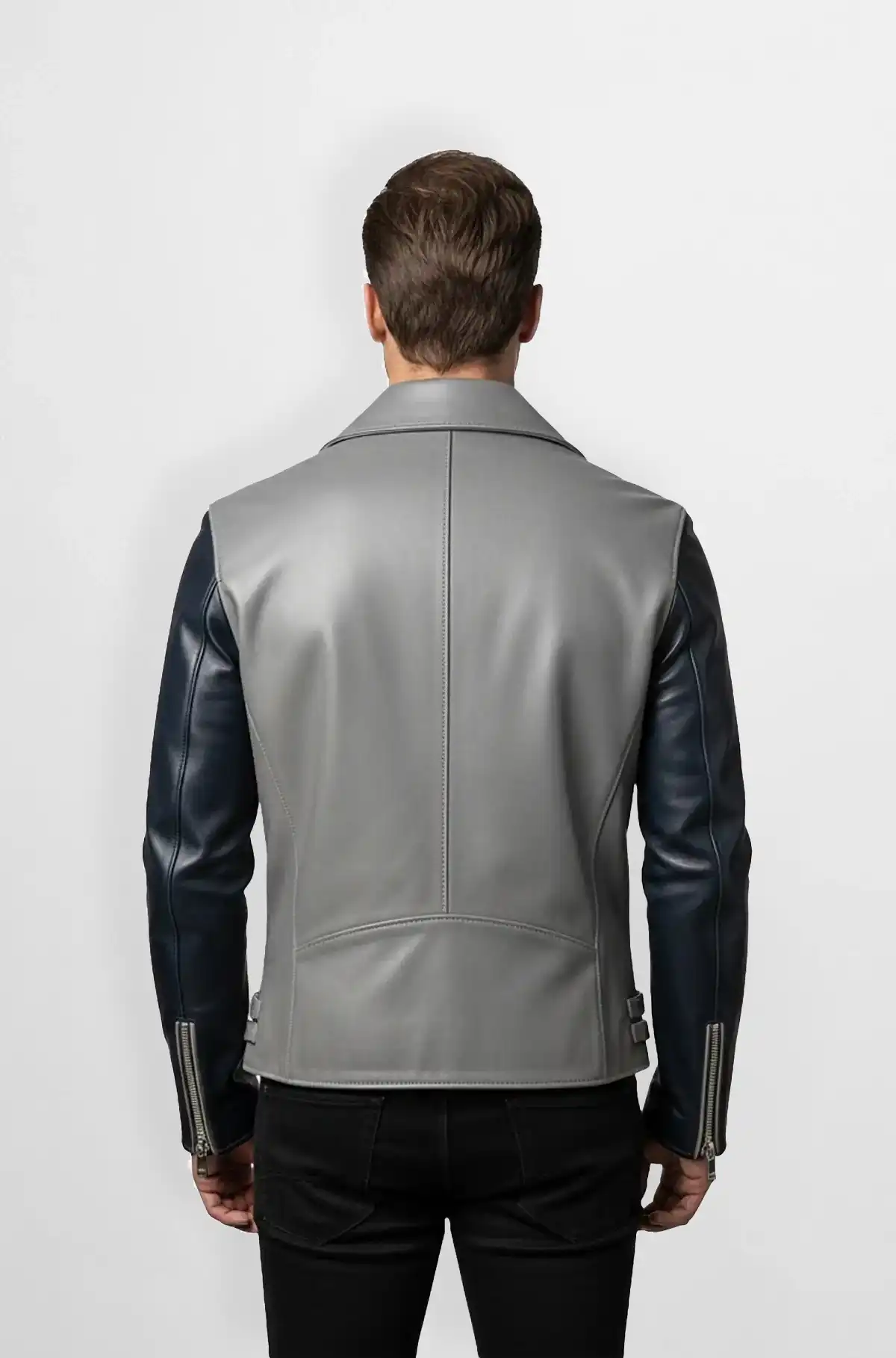 Grey & Navy Blue Leather Biker Jacket