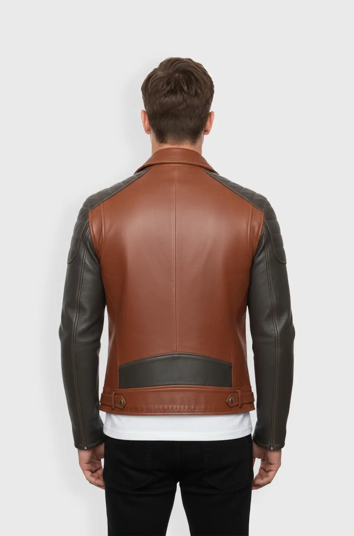 Grey And Cognac Brown Leather Biker Jacket