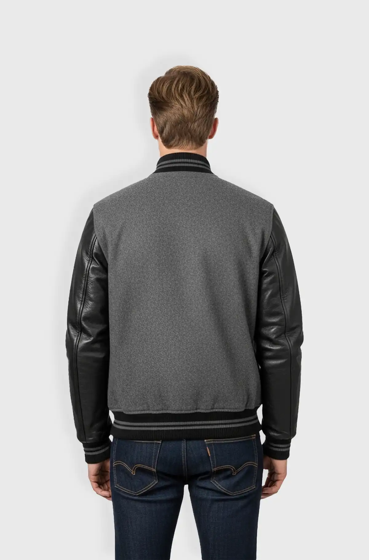 Grey Black Leather Varsity Jacket