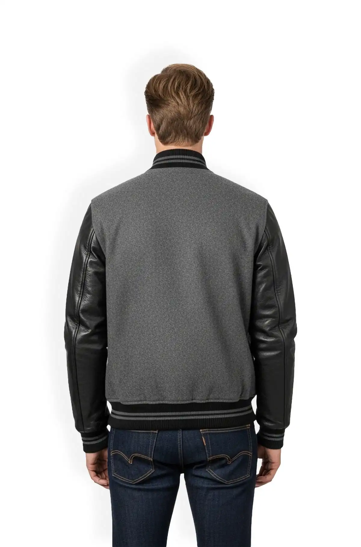 Grey Black Leather Varsity Jacket