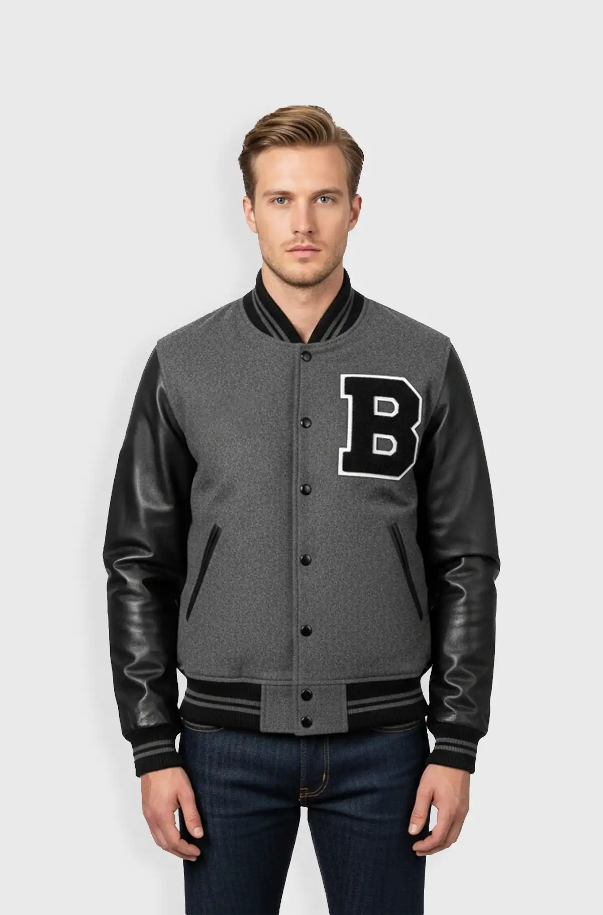 Grey Black Leather Varsity Jacket
