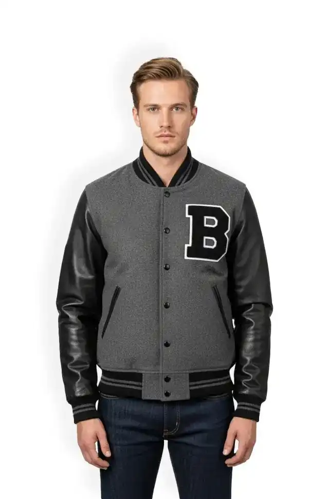 Grey Black Leather Varsity Jacket