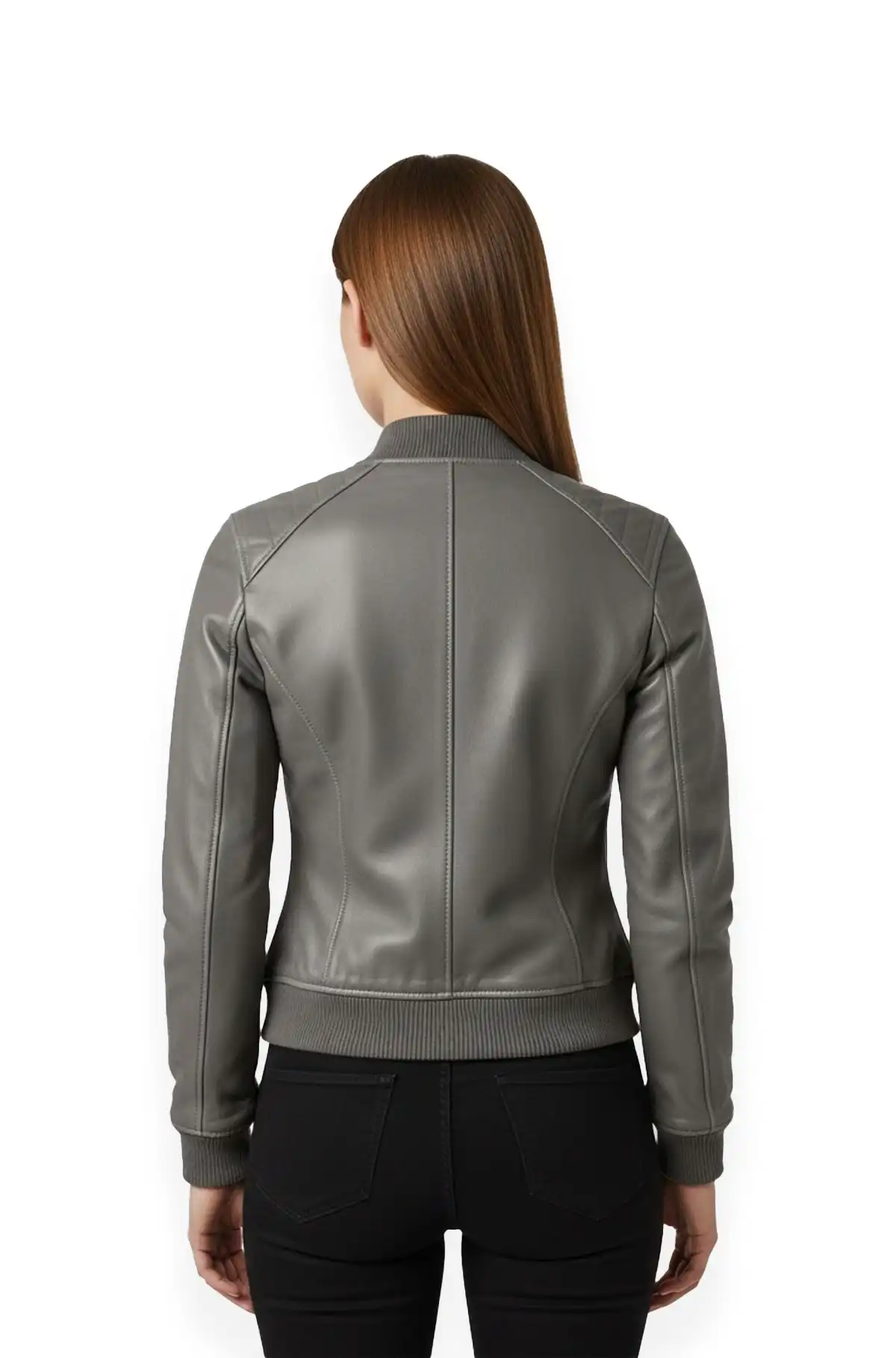 Grey Leather Bomber Jacket