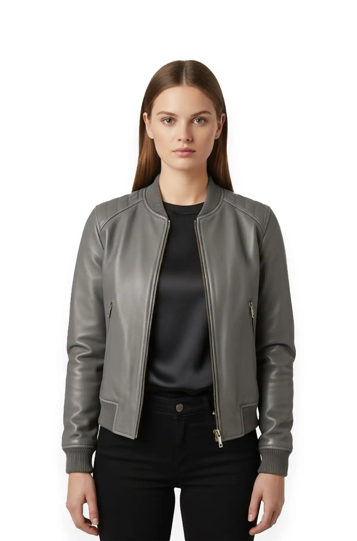 Grey Leather Bomber Jacket