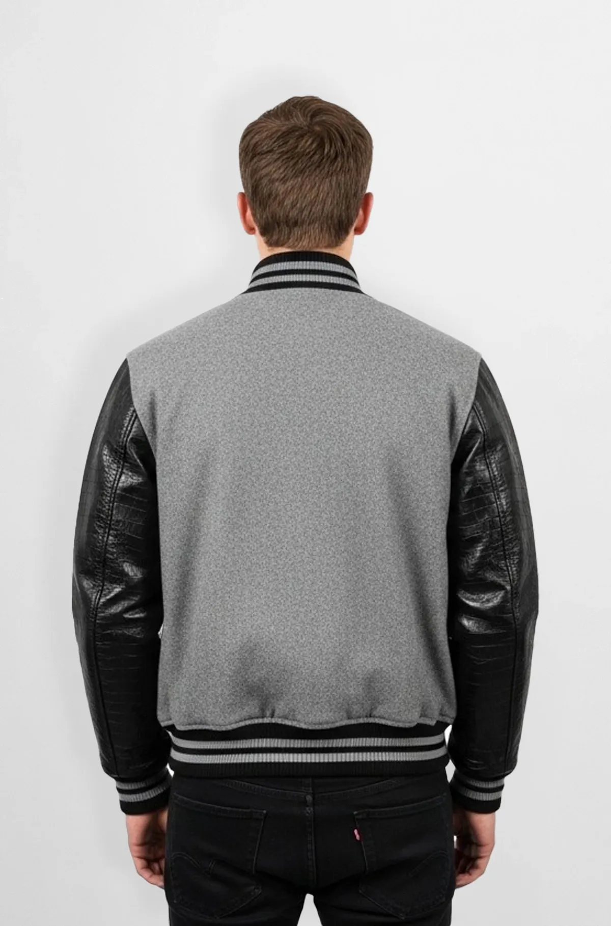 Grey Leather Wool Varsity Jacket