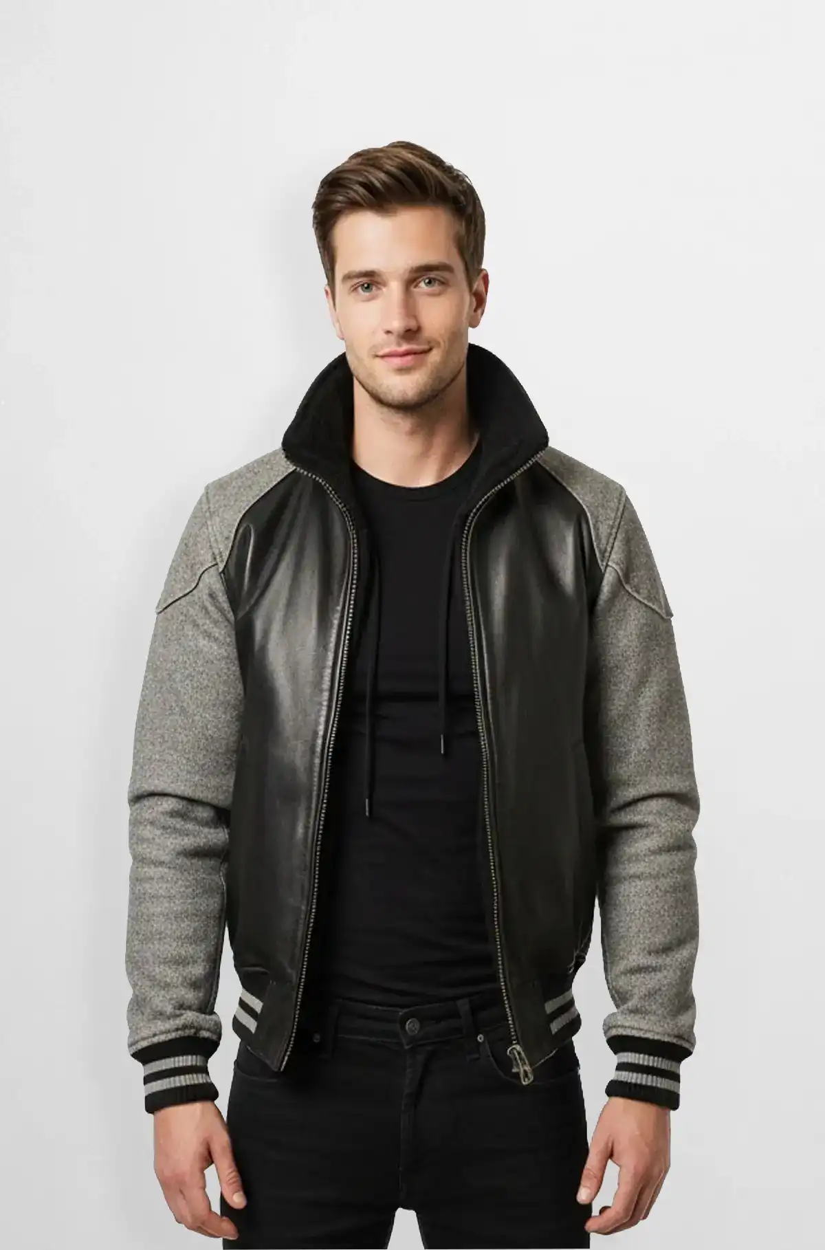 Grey Sleeve Black Leather Varsity Jacket