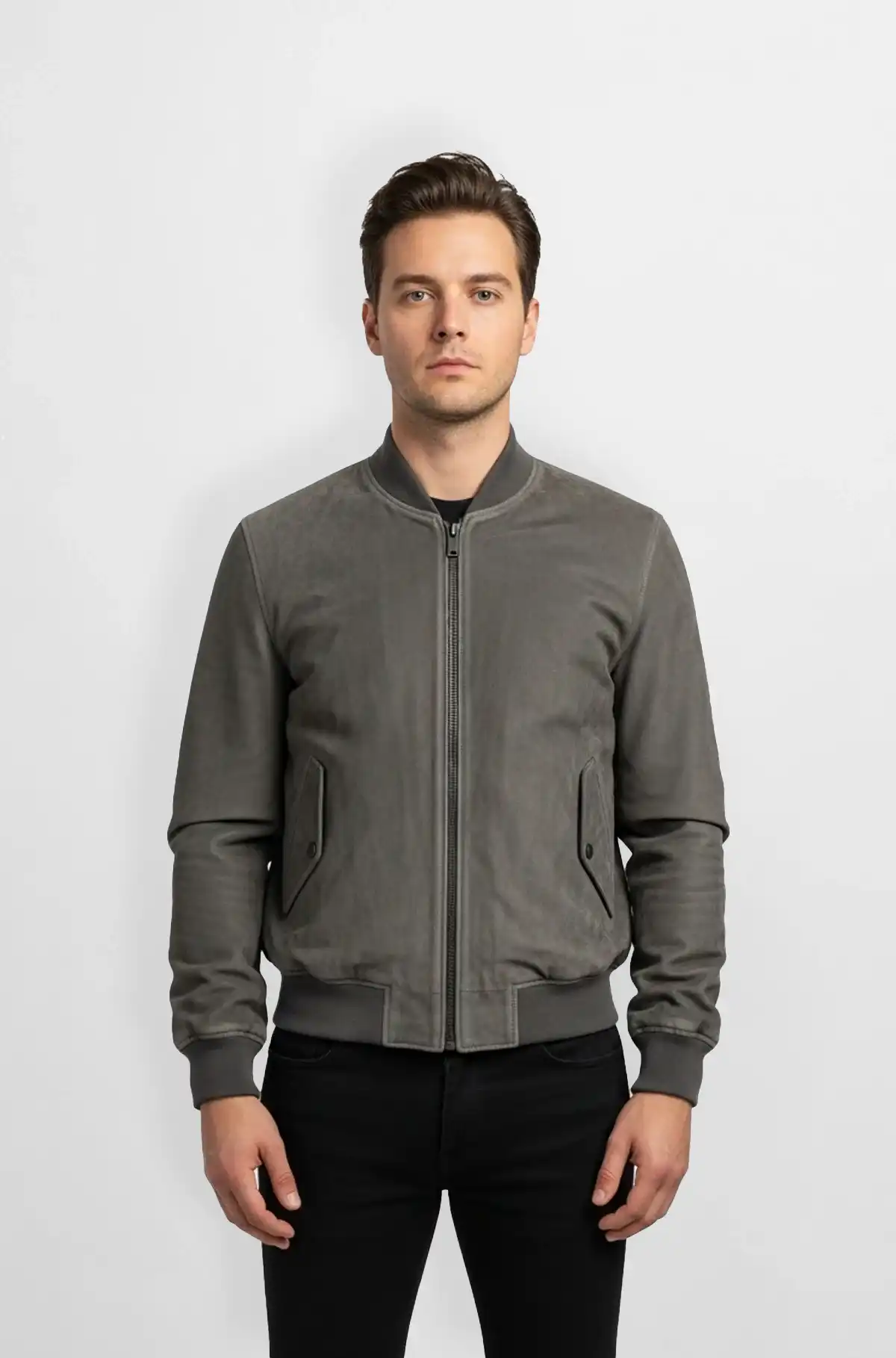 Grey Suede Bomber Jacket