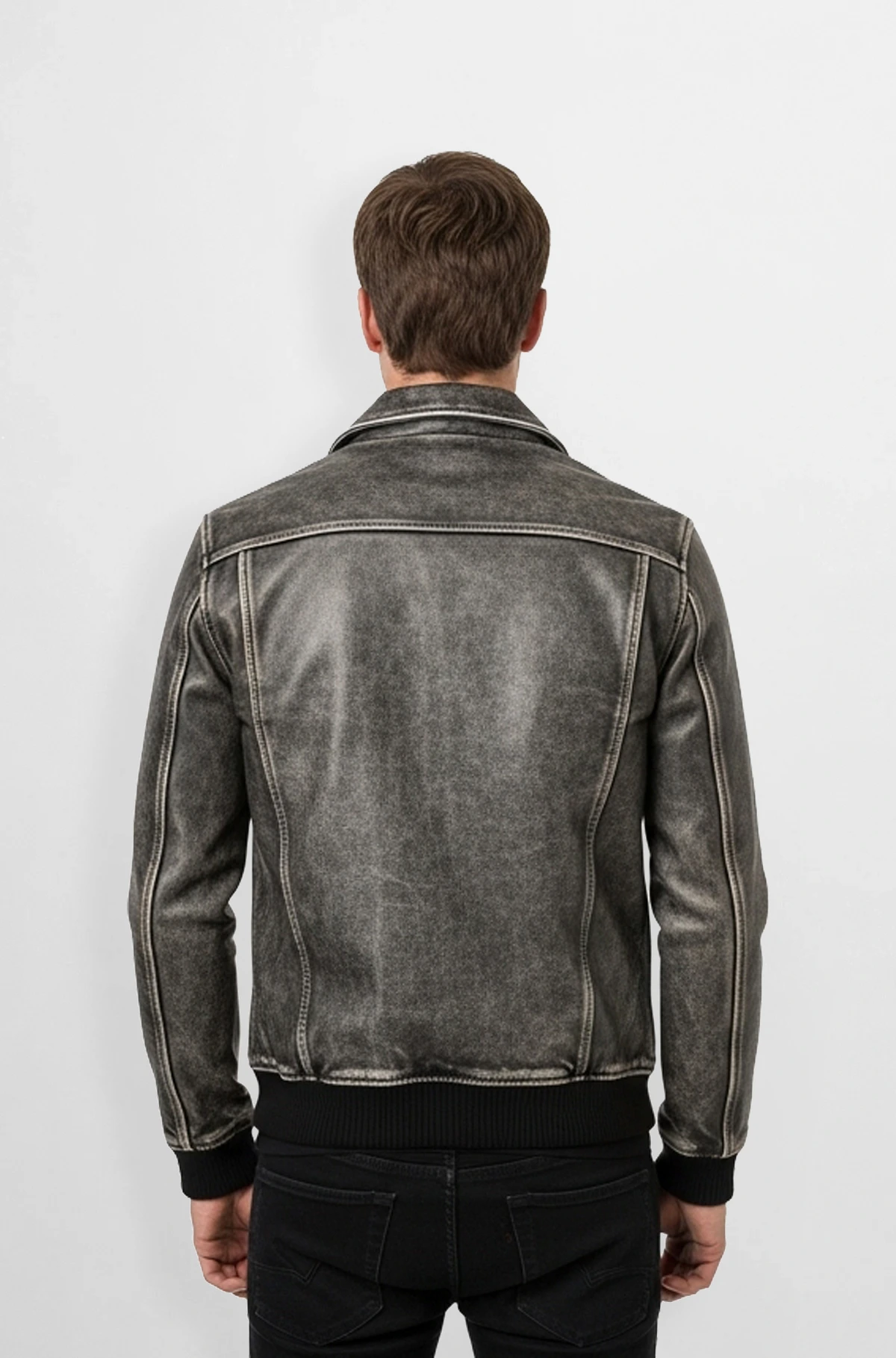Grey Vintage Black Distressed Leather Jacket
