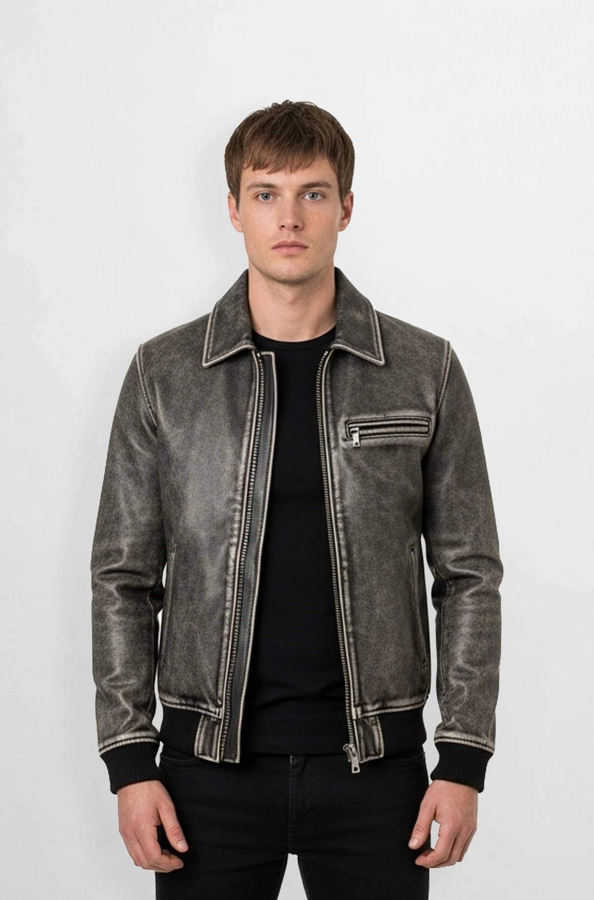 Grey Vintage Black Distressed Leather Jacket