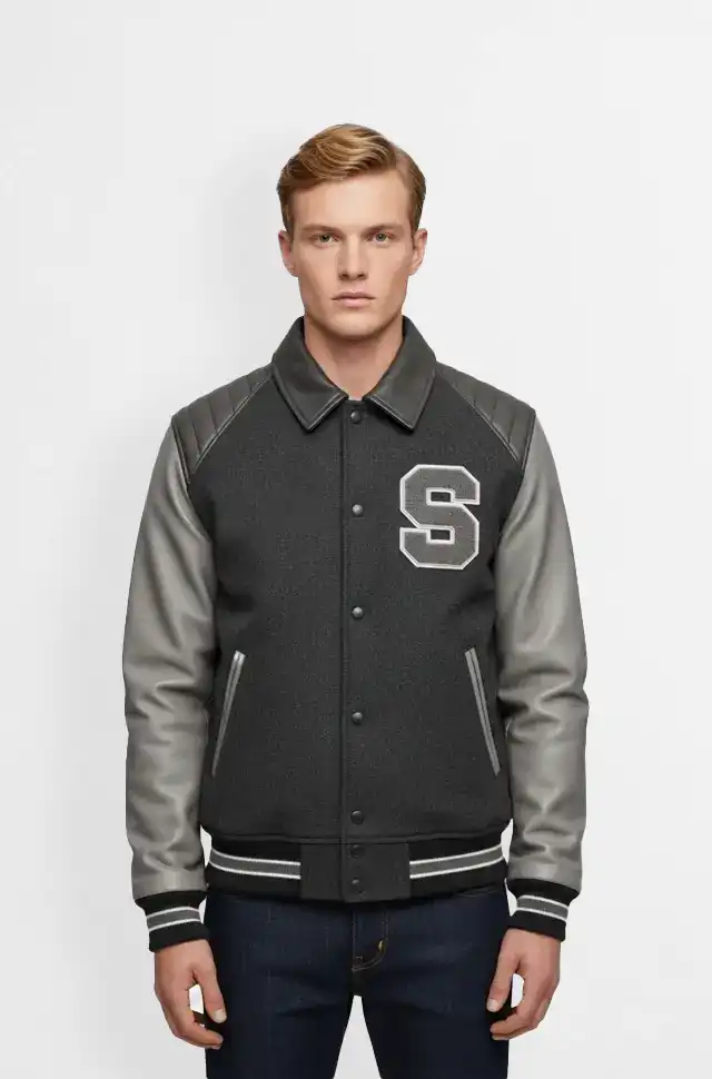 Grey Wool Leather Letterman Varsity Jacket