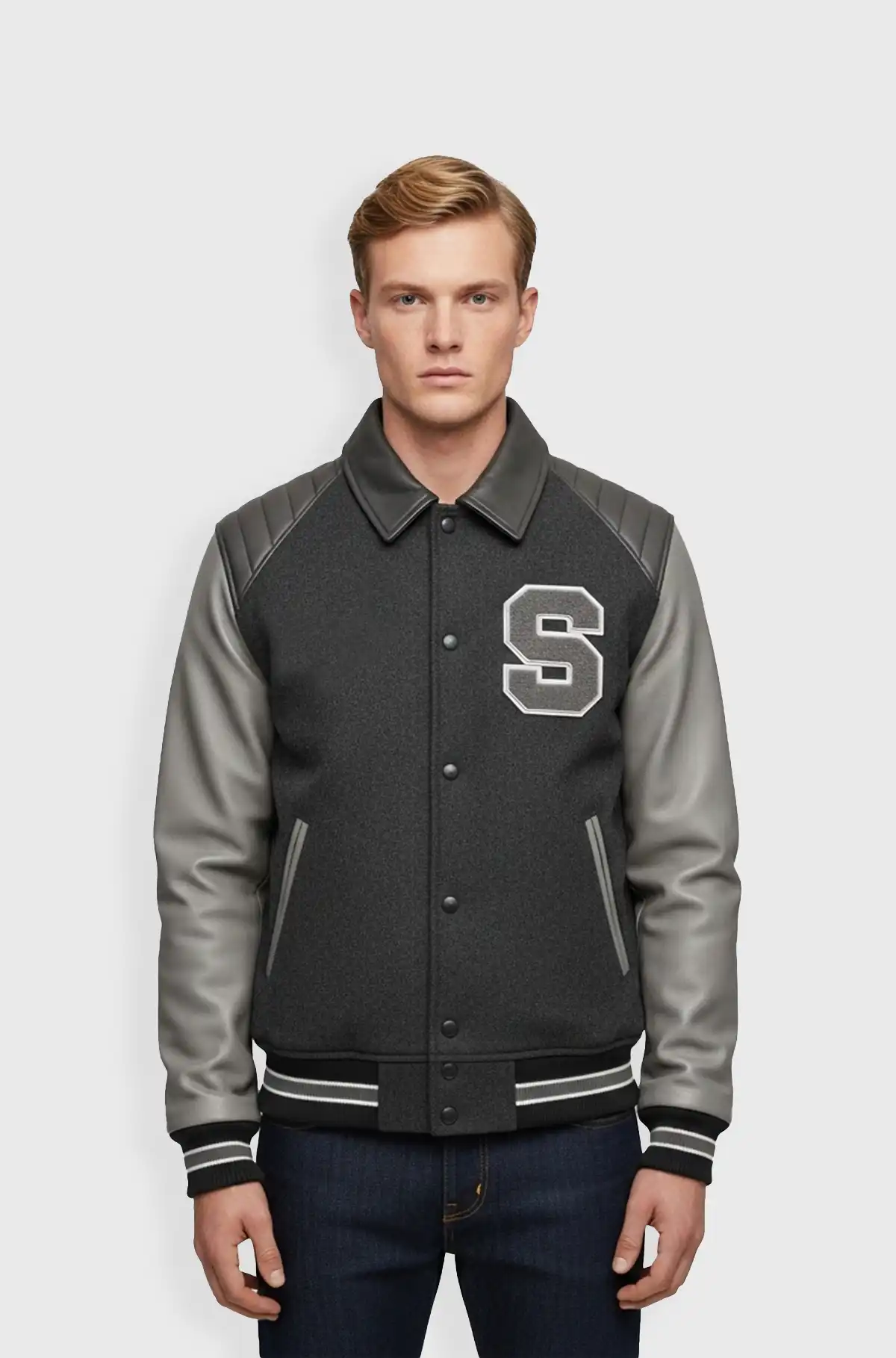 Grey Wool Leather Letterman Varsity Jacket
