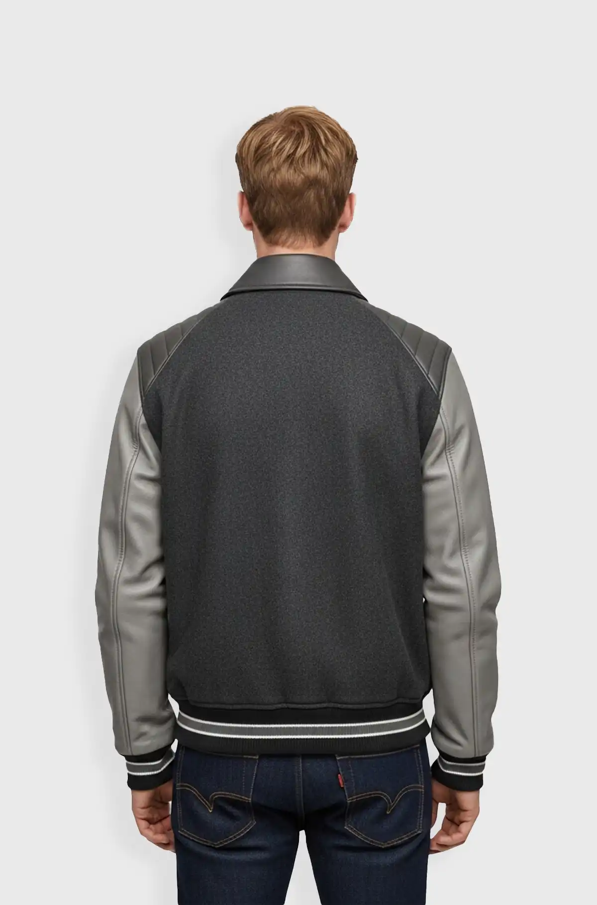 Grey Wool Leather Letterman Varsity Jacket
