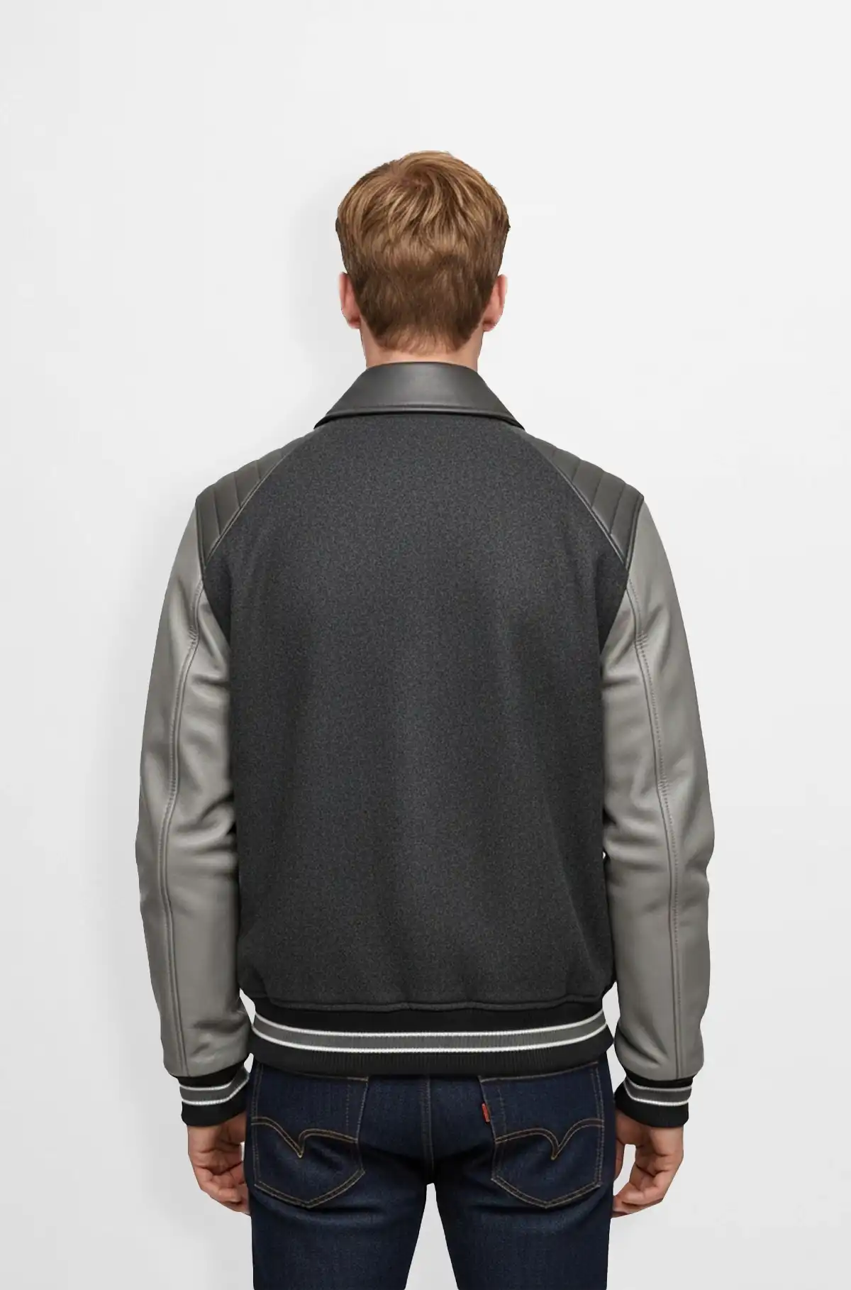 Grey Wool Leather Letterman Varsity Jacket