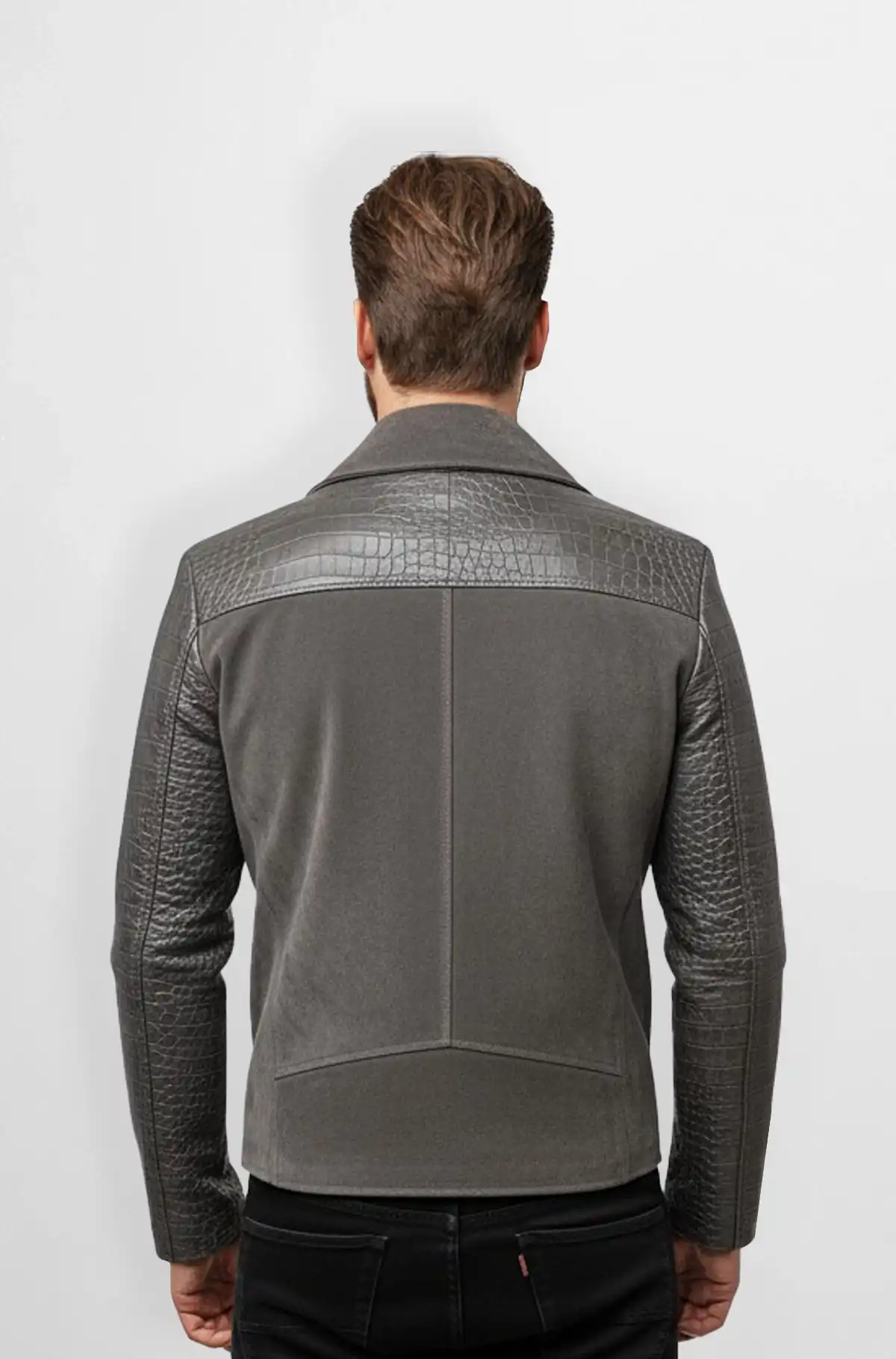 Grey suede Leather Crocodile Texture Jacket