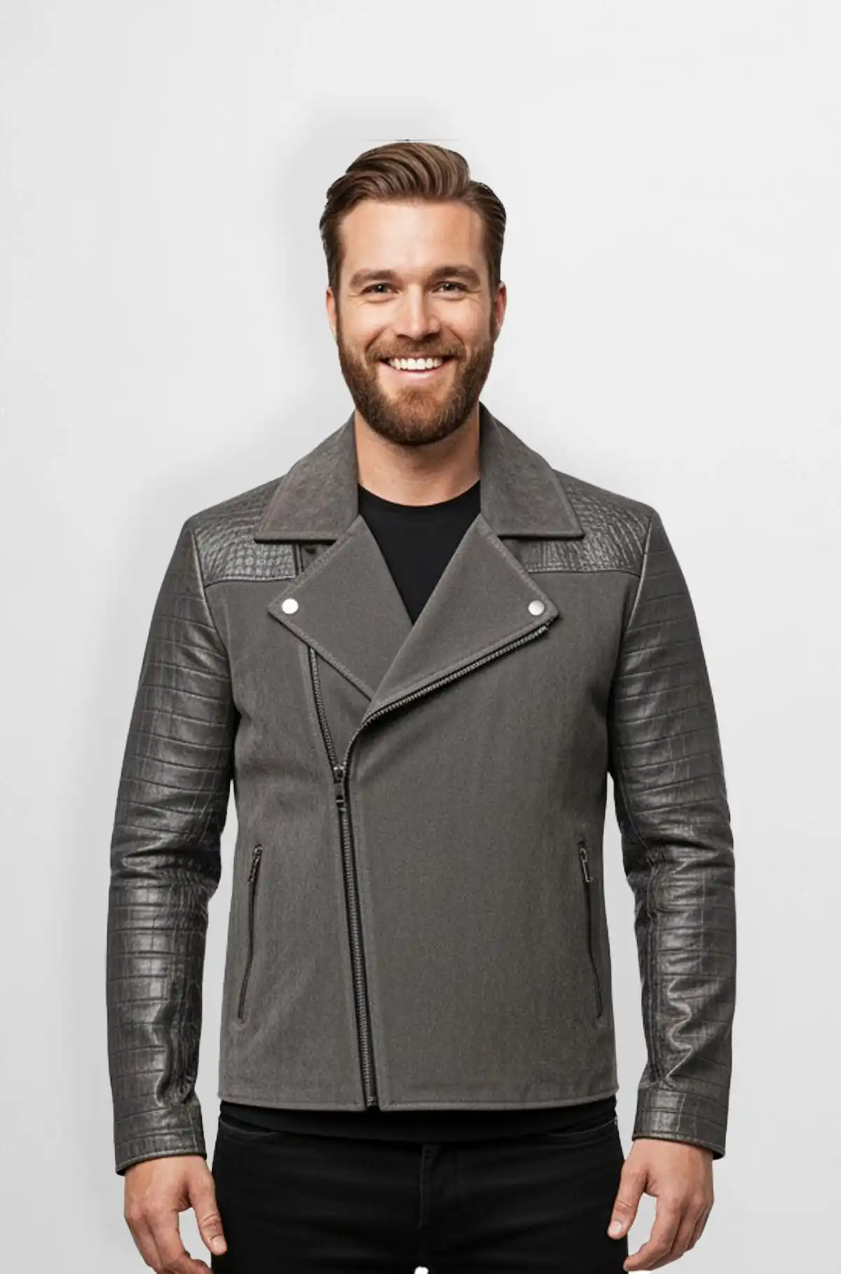 Grey suede Leather Crocodile Texture Jacket
