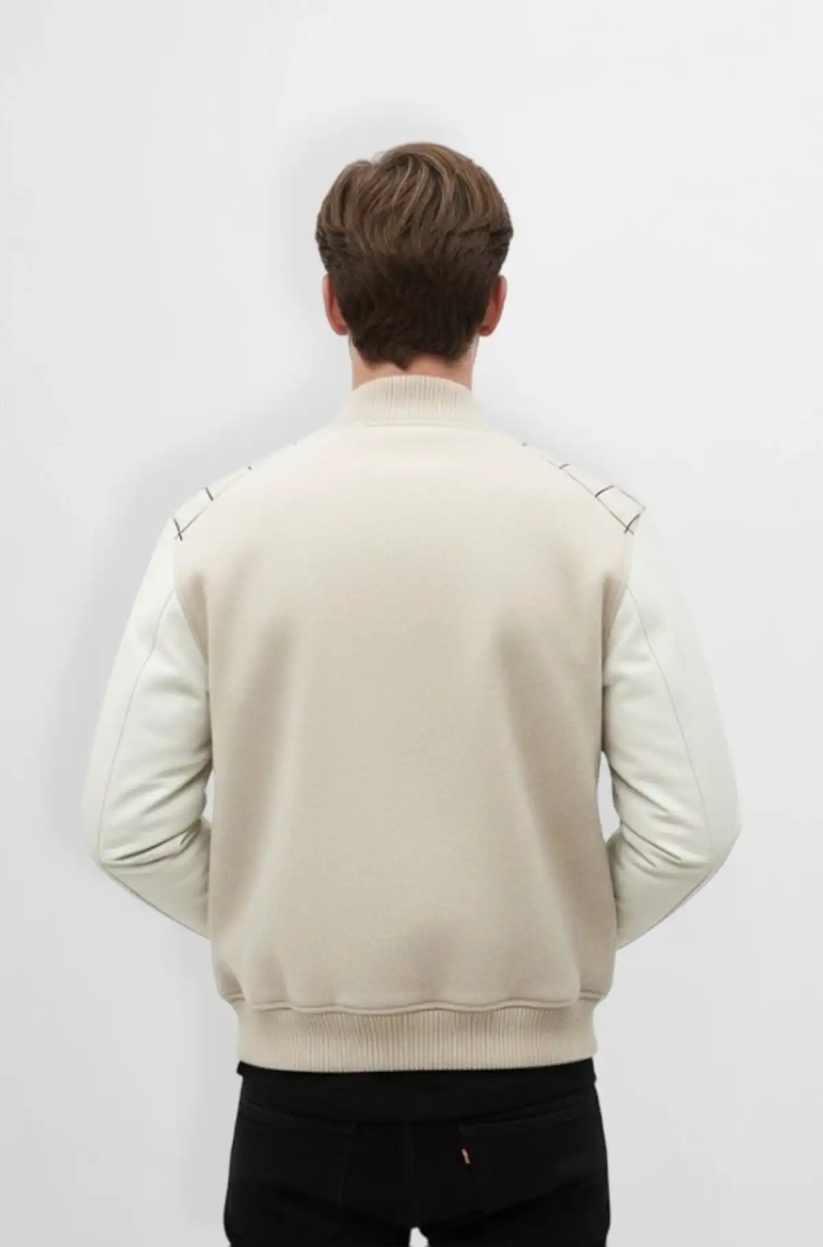Grid Form Cream Varsity Leather Jacket