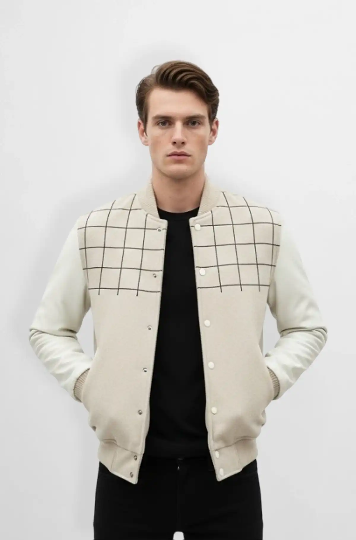 Grid Form Cream Varsity Leather Jacket