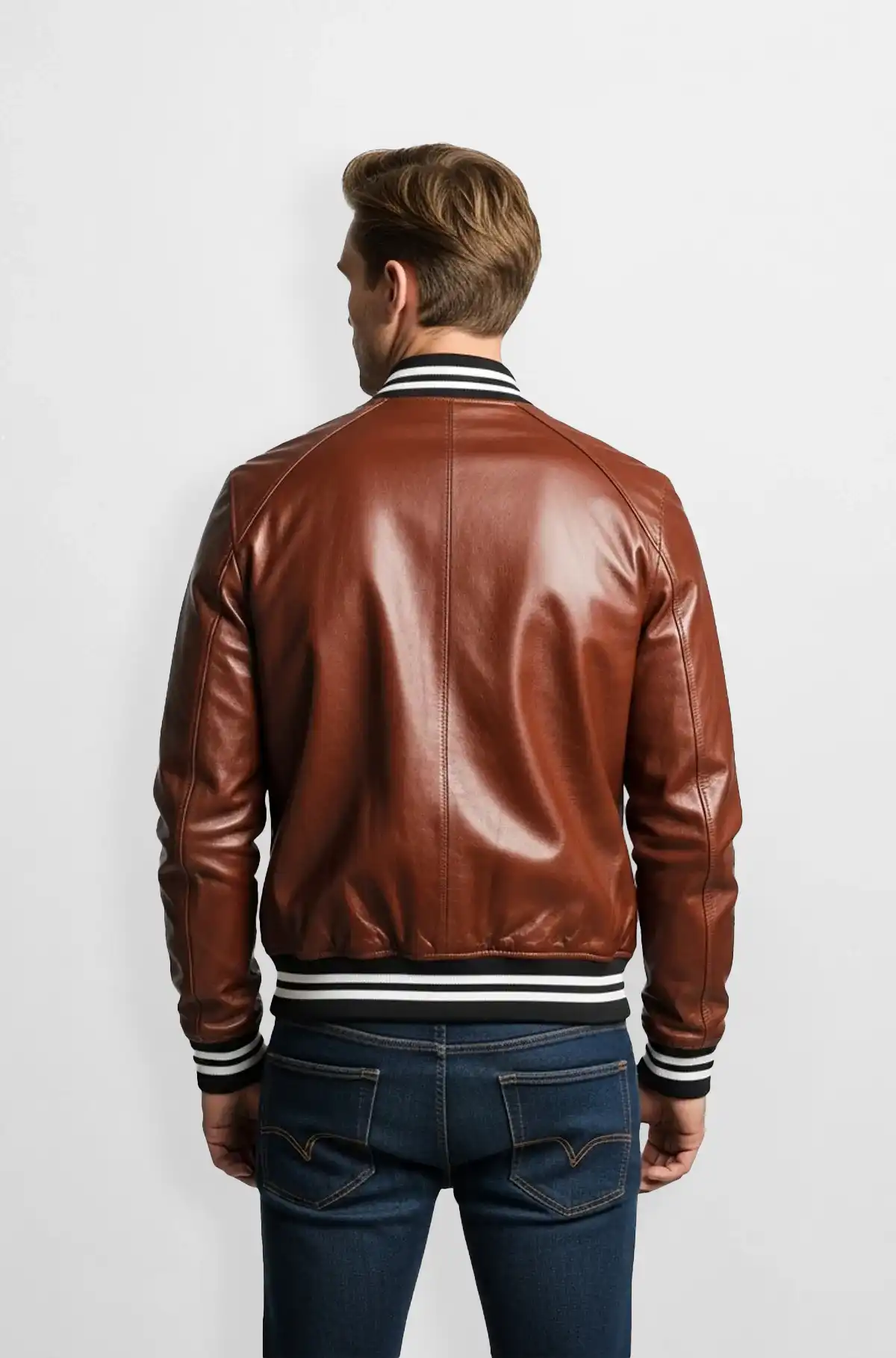 Hard Wood Brown Varsity Leather Bomber Jacket