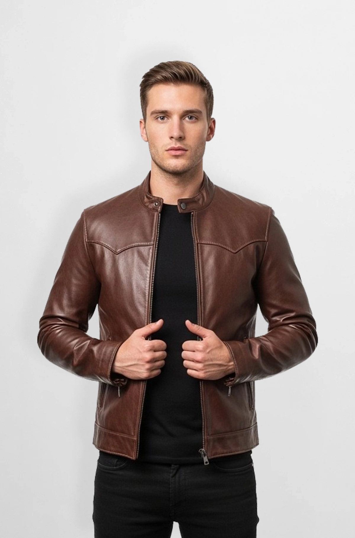 Hawk Edge Mens Brown Leather Biker Jacket
